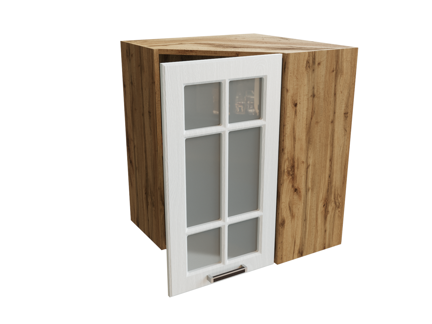 Изображение товара Навесной шкаф Прага угловой со стеклом 59.20x71.60x59.20 см фасад белый МДФ каркас дуб вотан МДФ Сурская Мебель