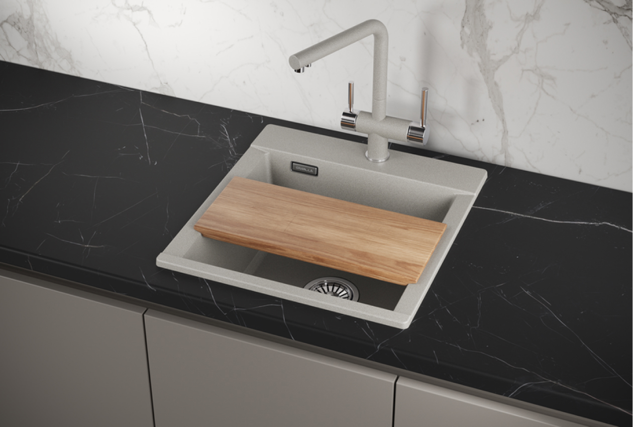 Изображение товара Мойка для кухни врезная ES-4701 50x47 см с доской глубина чаши 20 см кварц цвет серо-бежевый