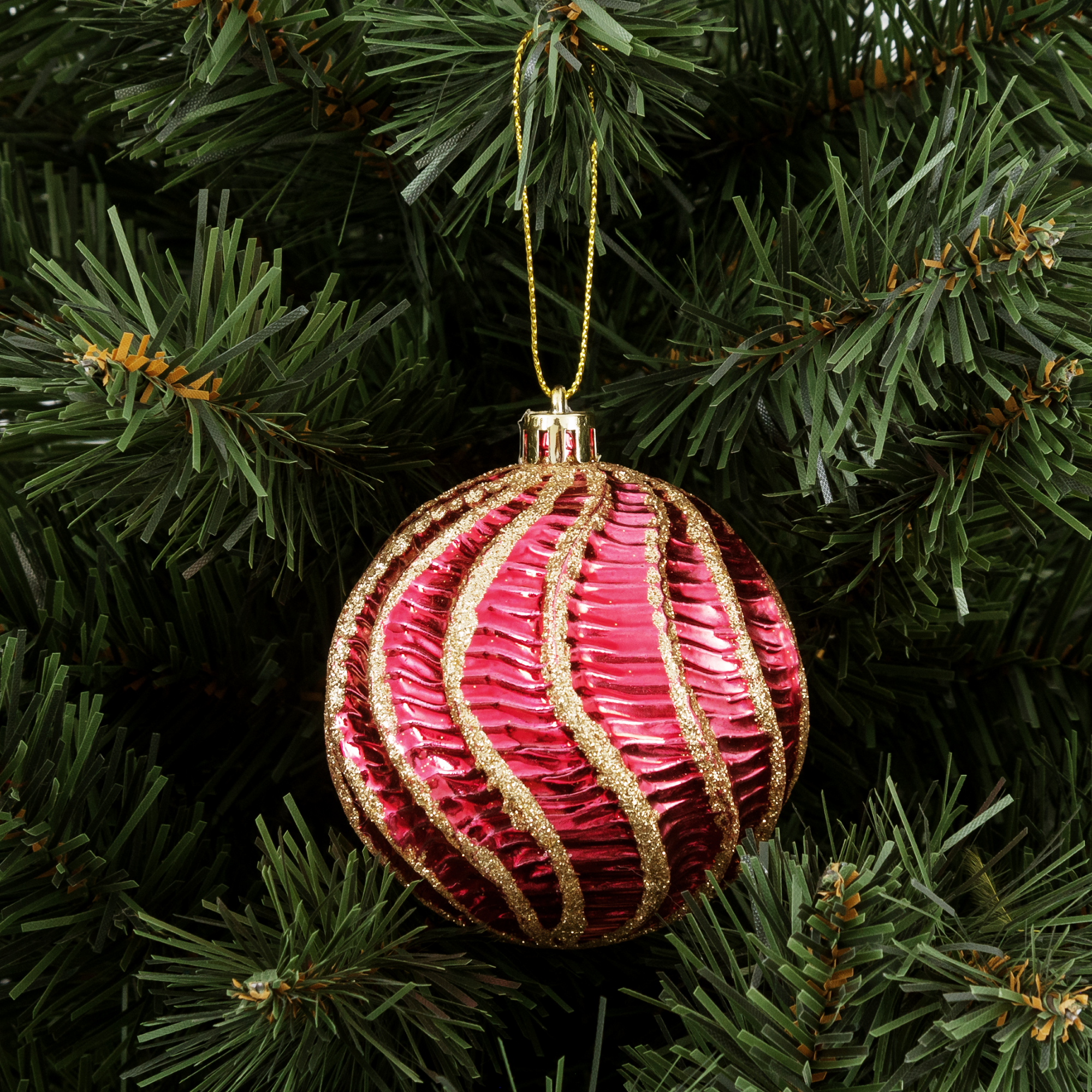 Изображение товара Елочный шар Изгибы 8 см красный пластик с блестками