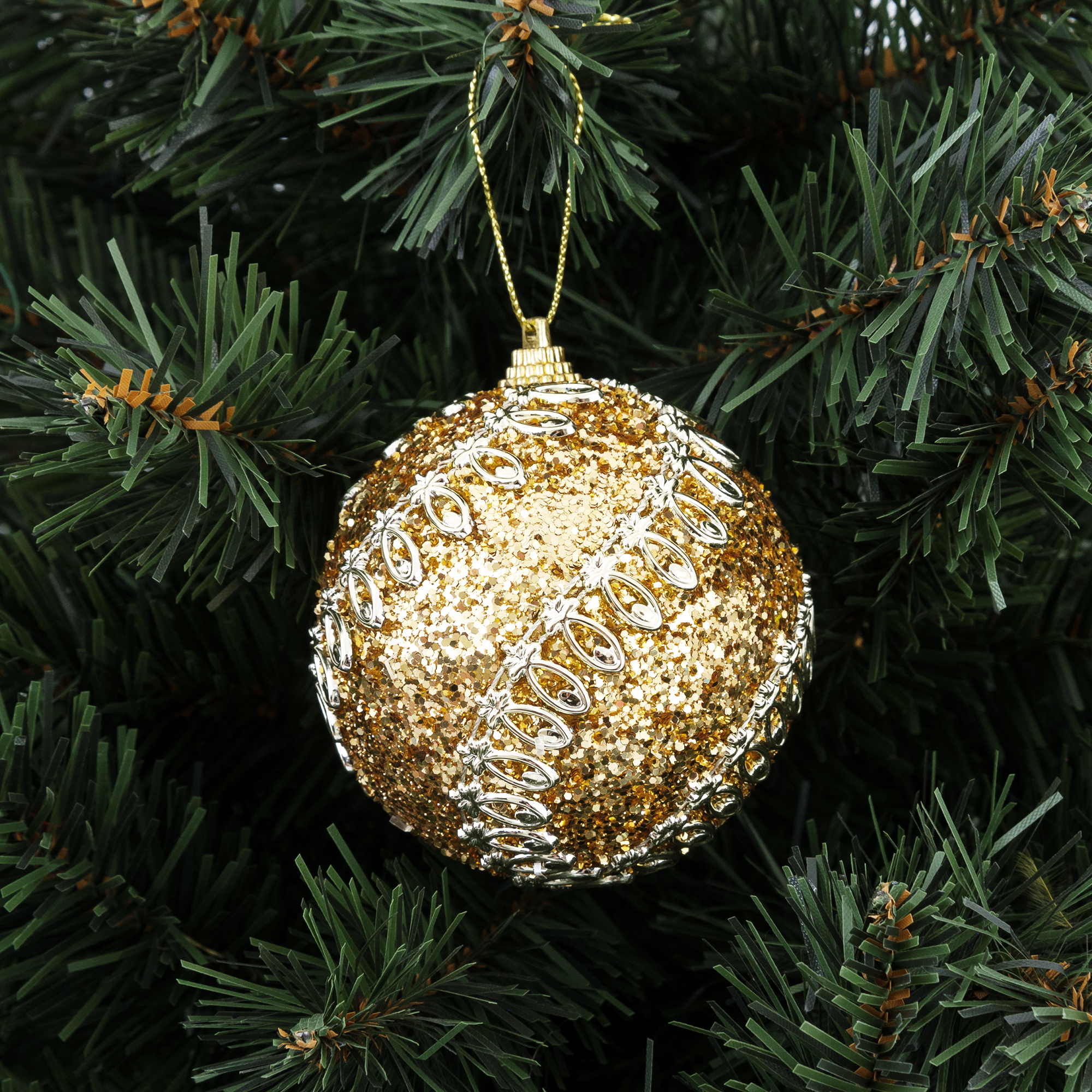 Изображение товара Золотой елочный шар со стразами диаметр 8 см праздничное украшение