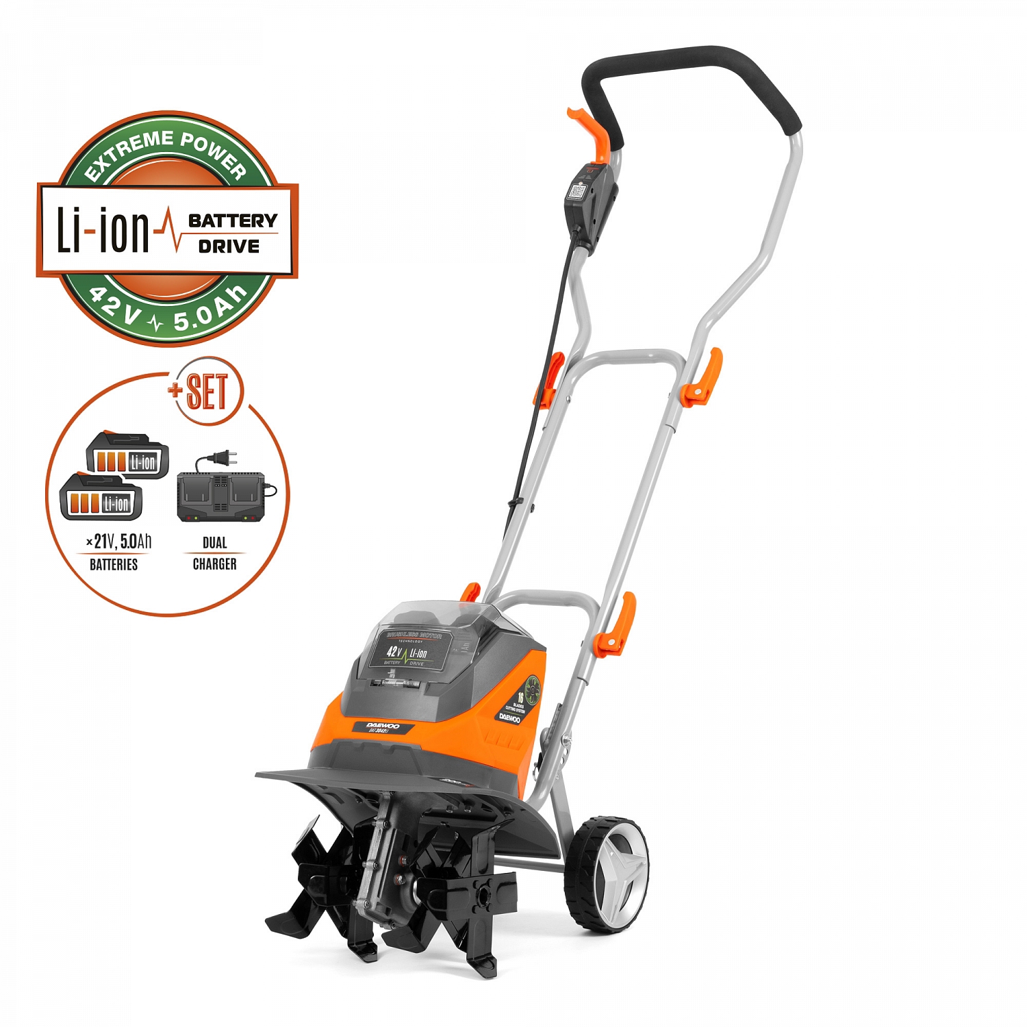 Изображение товара Культиватор аккумуляторный Daewoo DAT 3042Li SET с 2 аккумуляторами и зарядным устройством