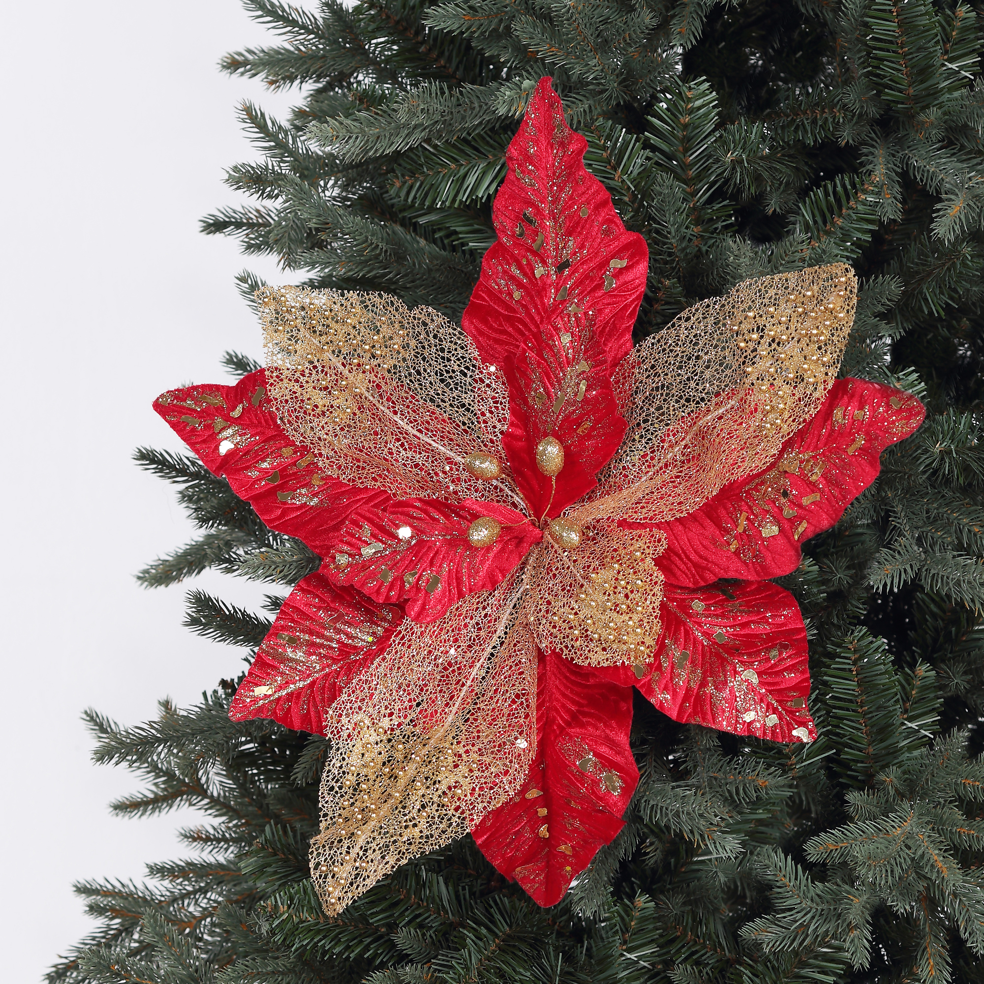 Изображение товара Новогоднее украшение Цветок искусственный 38x51 см красно-золотой