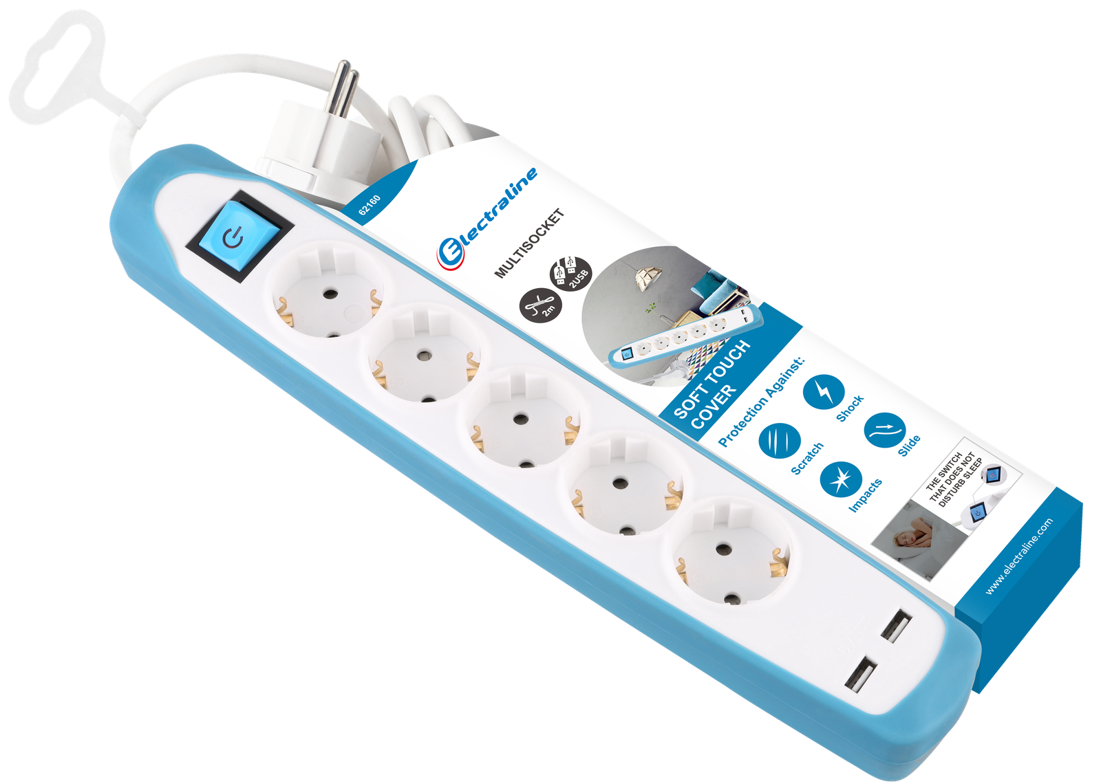 Изображение товара Удлинитель бытовой Electraline с 5 розетками и USB 2 порта 2 м белый