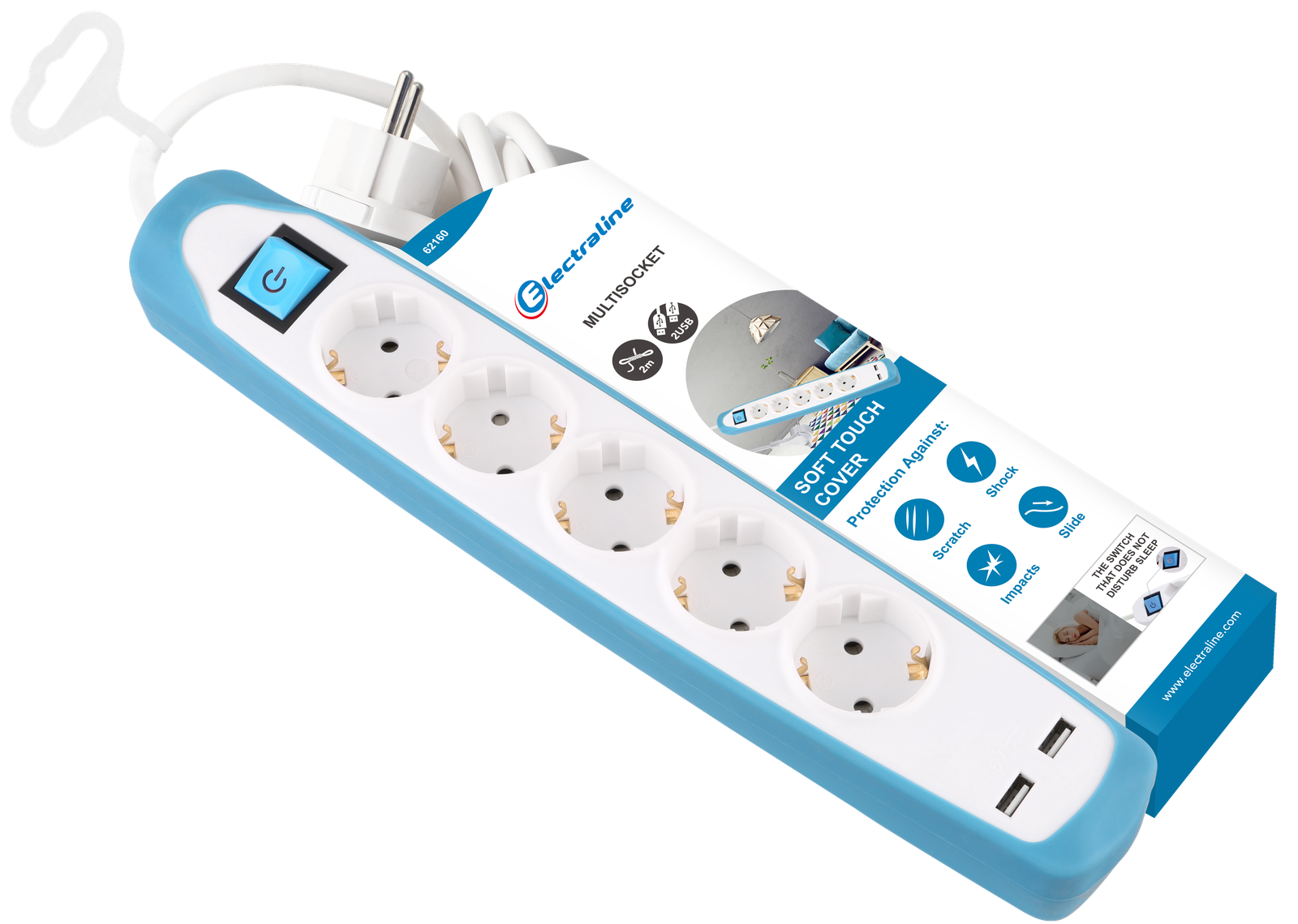 Удлинитель бытовой Electraline 5 розеток с заземлением и выключателем 3x1 мм 2 м цвет белый