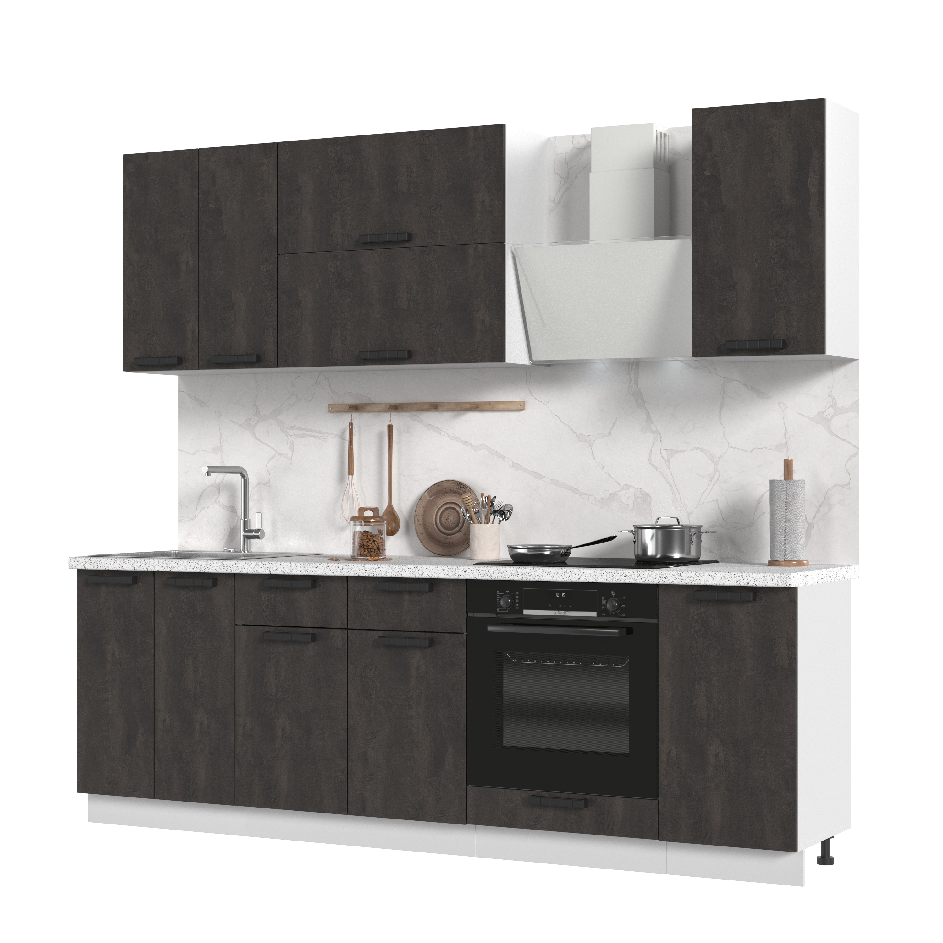 Изображение товара Кухонный гарнитур Стендмебель Пасаденна со столешницей Лен 240x217x60 см ЛДСП цвет угольный камень/белый