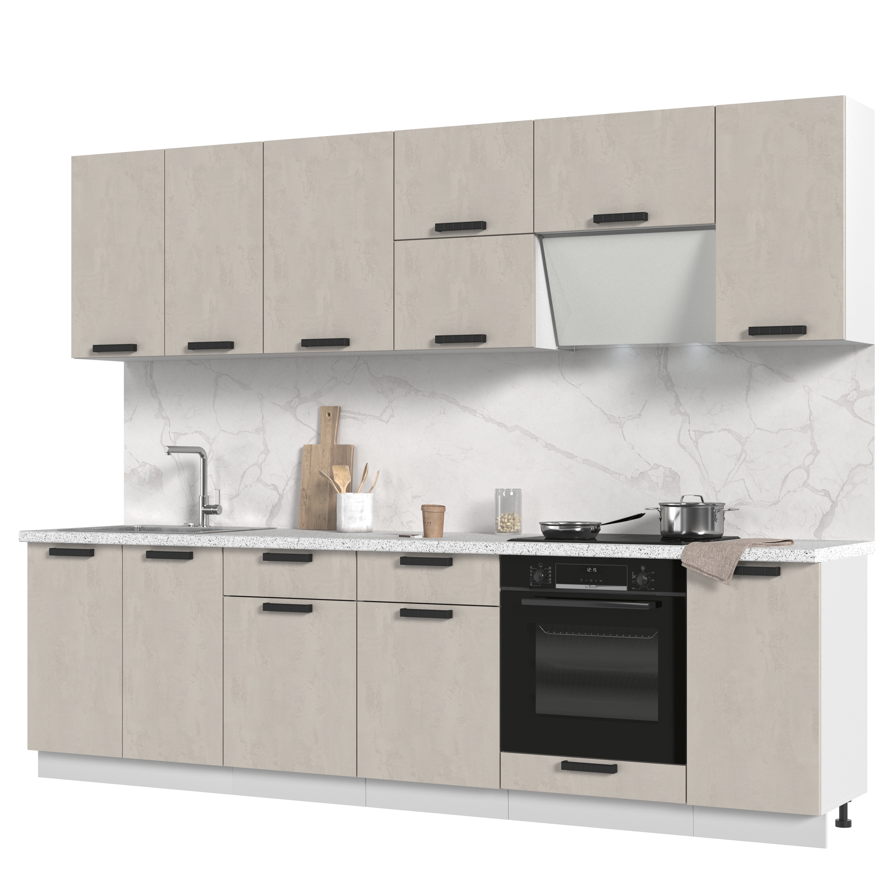 Изображение товара Кухонный гарнитур Пасаденна с мебелью и столешницей бело-бежевый 280x217 см