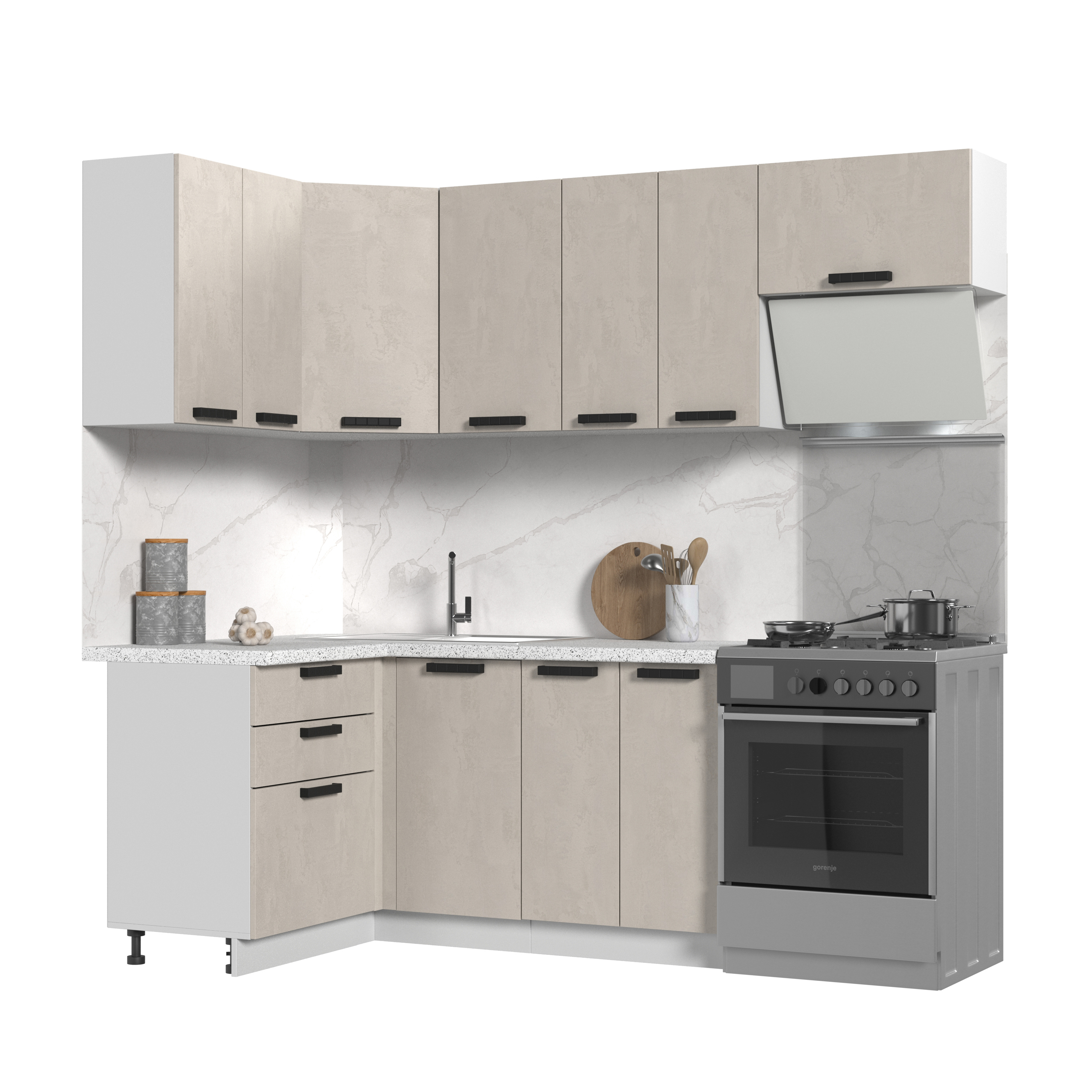 Изображение товара Кухонный гарнитур угловой Стендмебель со столешницей Пасаденна 160x217x120 см ЛДСП цвет белый/бежевый