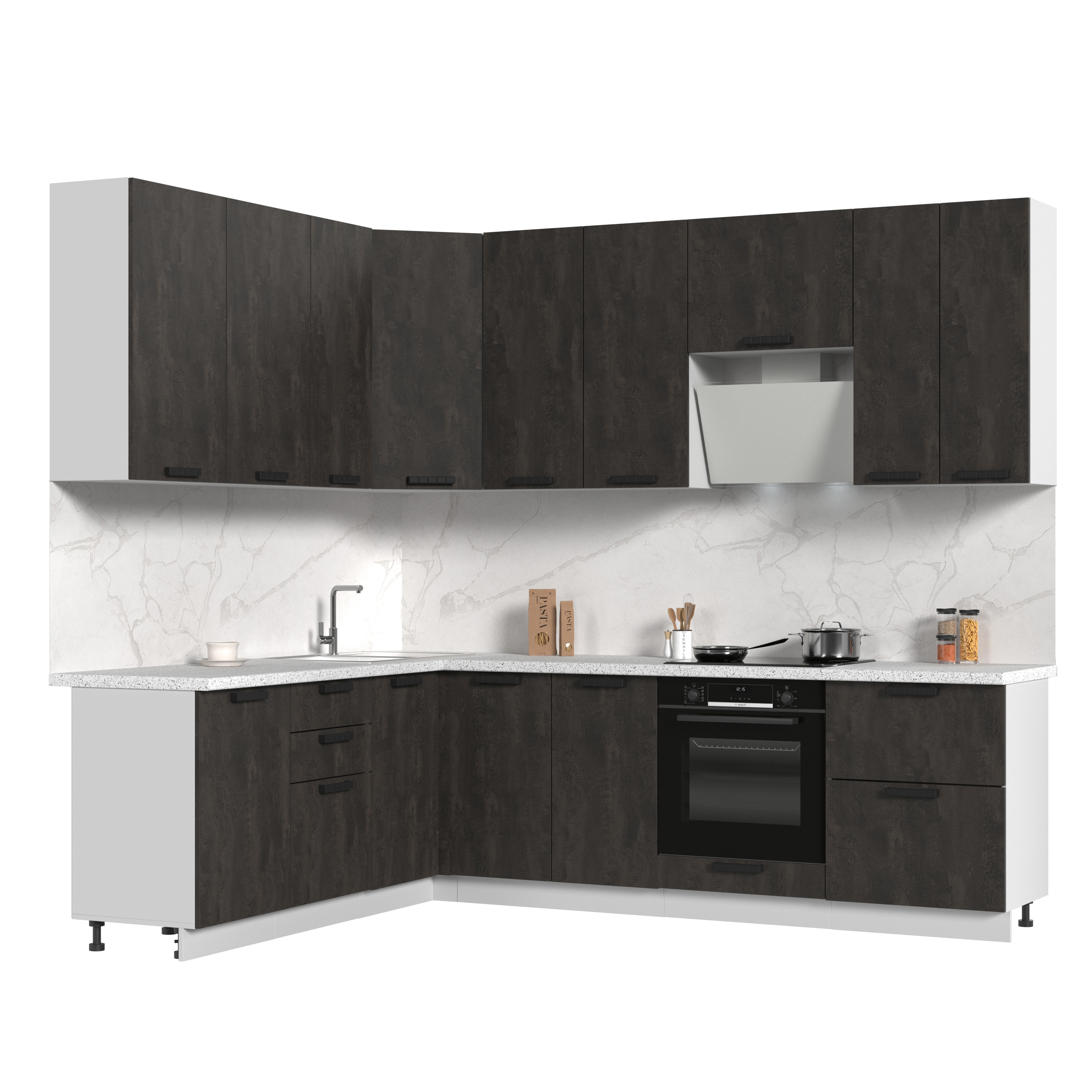 Изображение товара Кухонный гарнитур угловой Стендмебель Пасаденна со столешницей Лён 38мм 200x260x237x60см ЛДСП цвет угольный камень