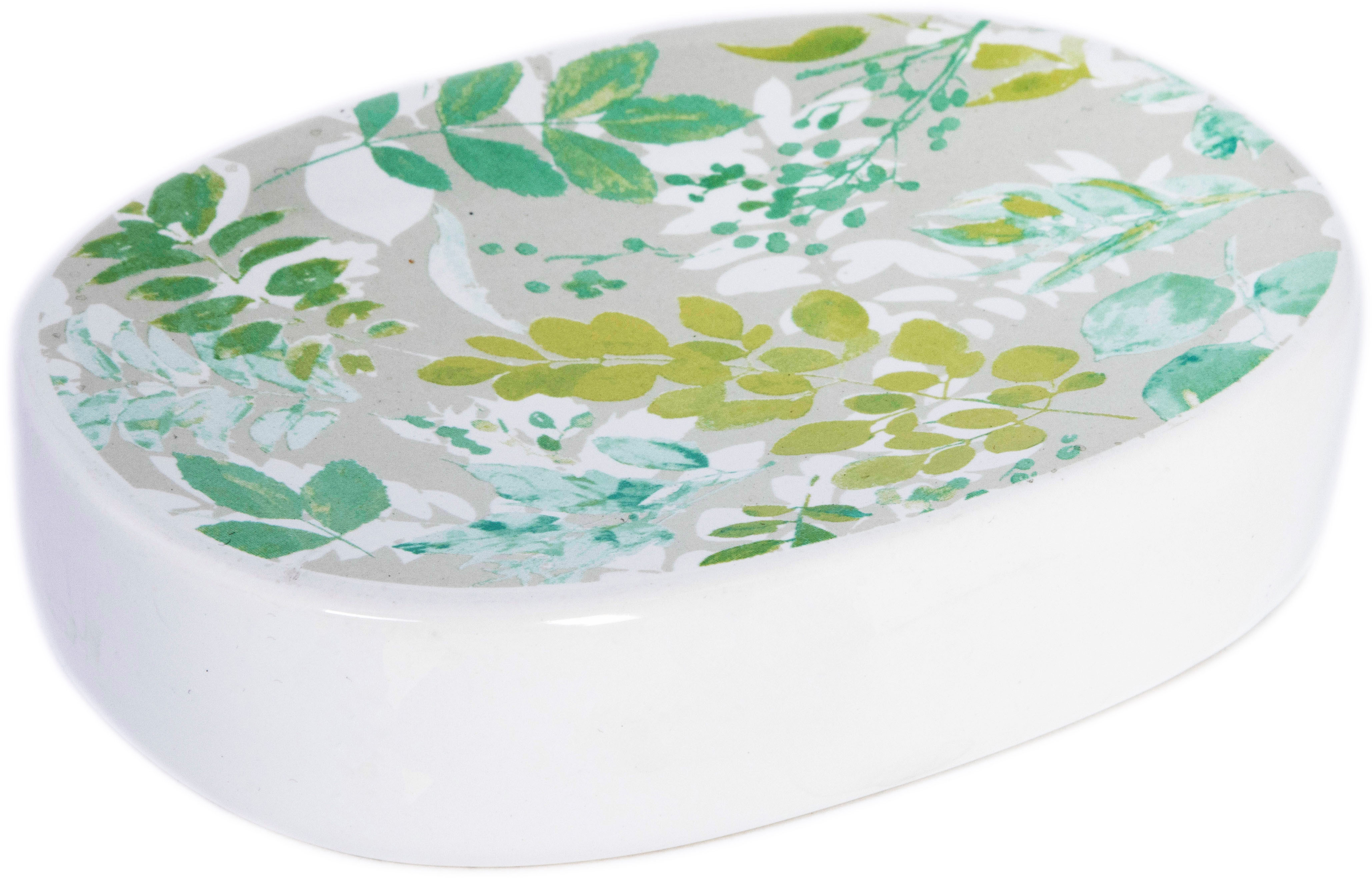 Изображение товара Мыльница Весна из доломита овальной формы в цветах белый зелёный бежевый