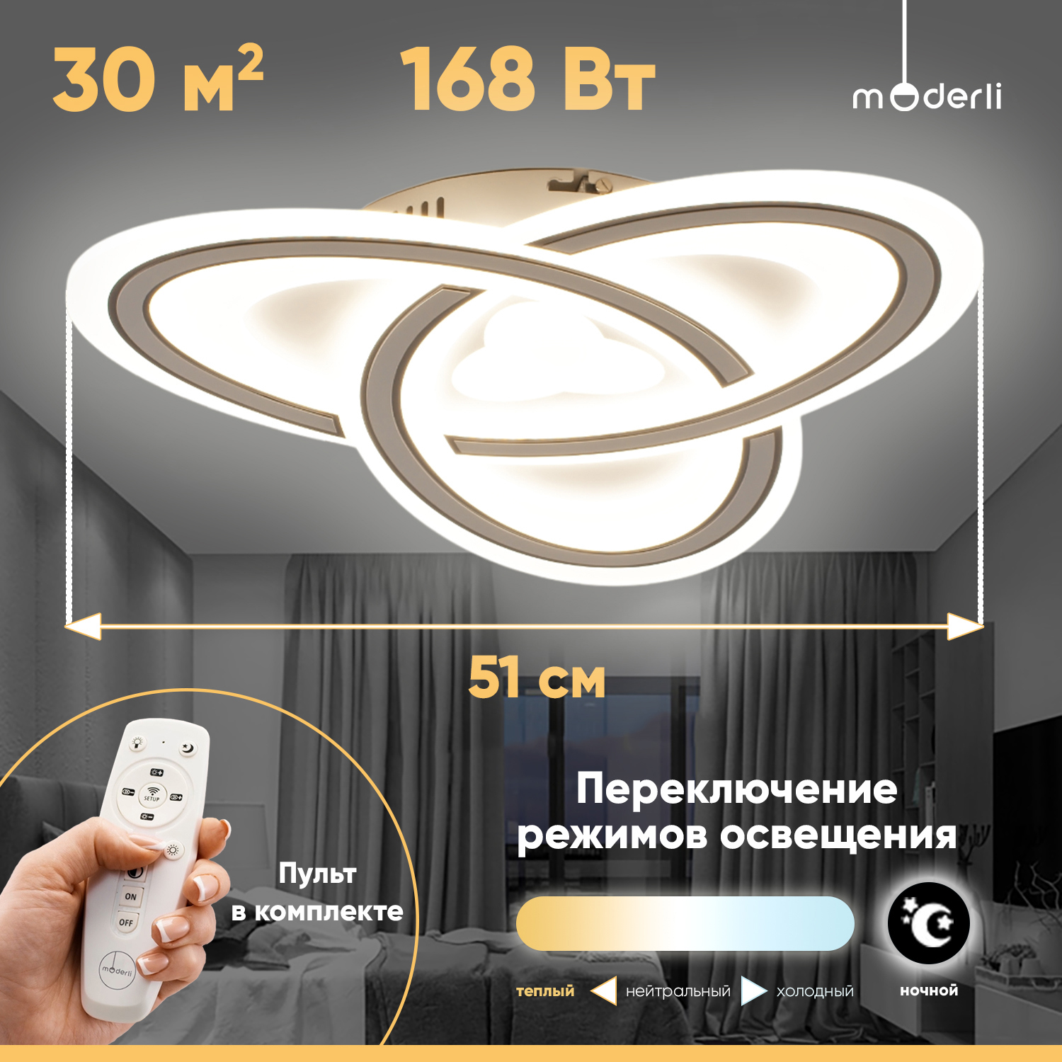 Изображение товара Люстра потолочная светодиодная Moderli Greta 30 м² нейтральный белый свет цвет белый