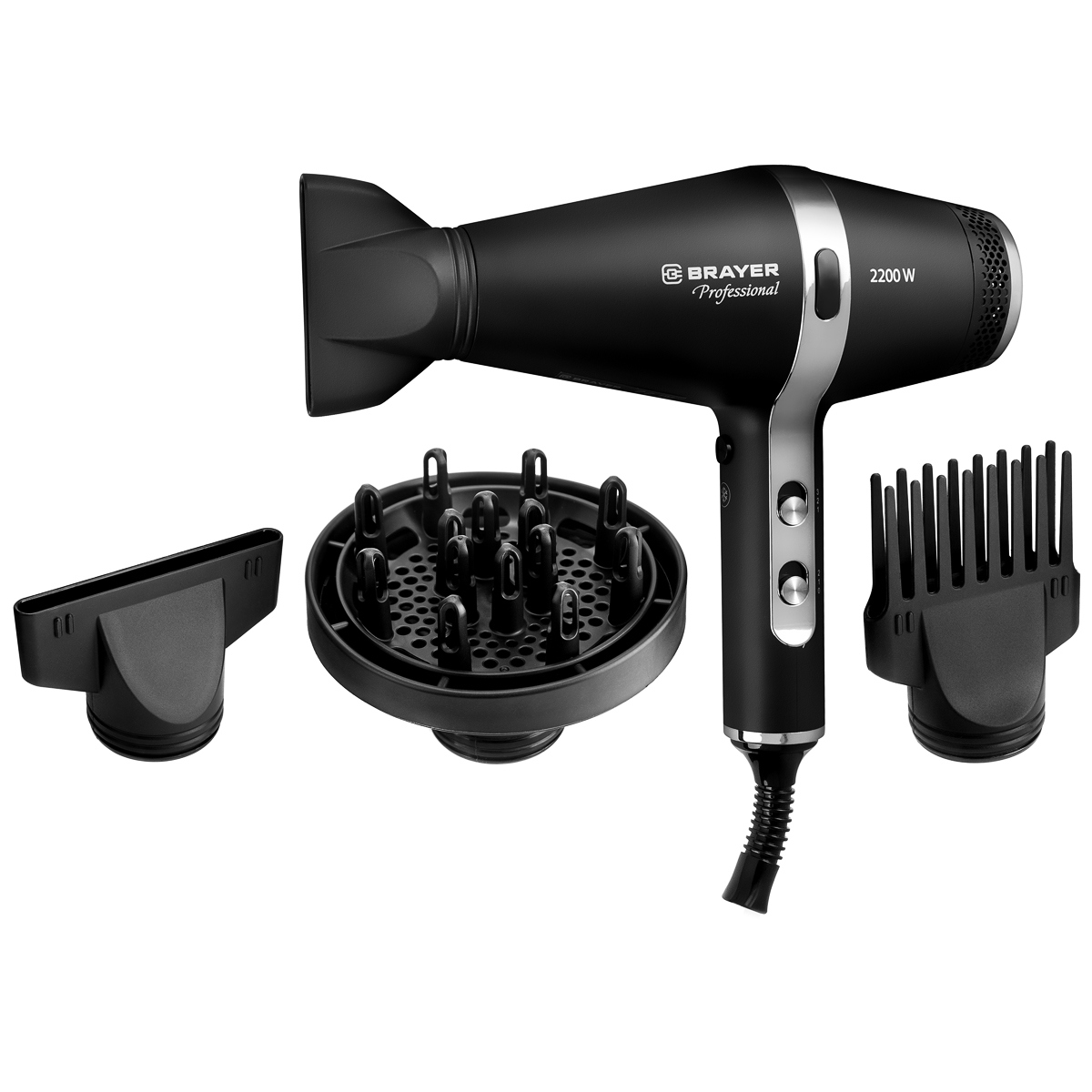 Изображение товара Фен BRAYER 3004BR 2200 Вт, АС мотор, 2 скорости 3 температуры, дифузор, гребень