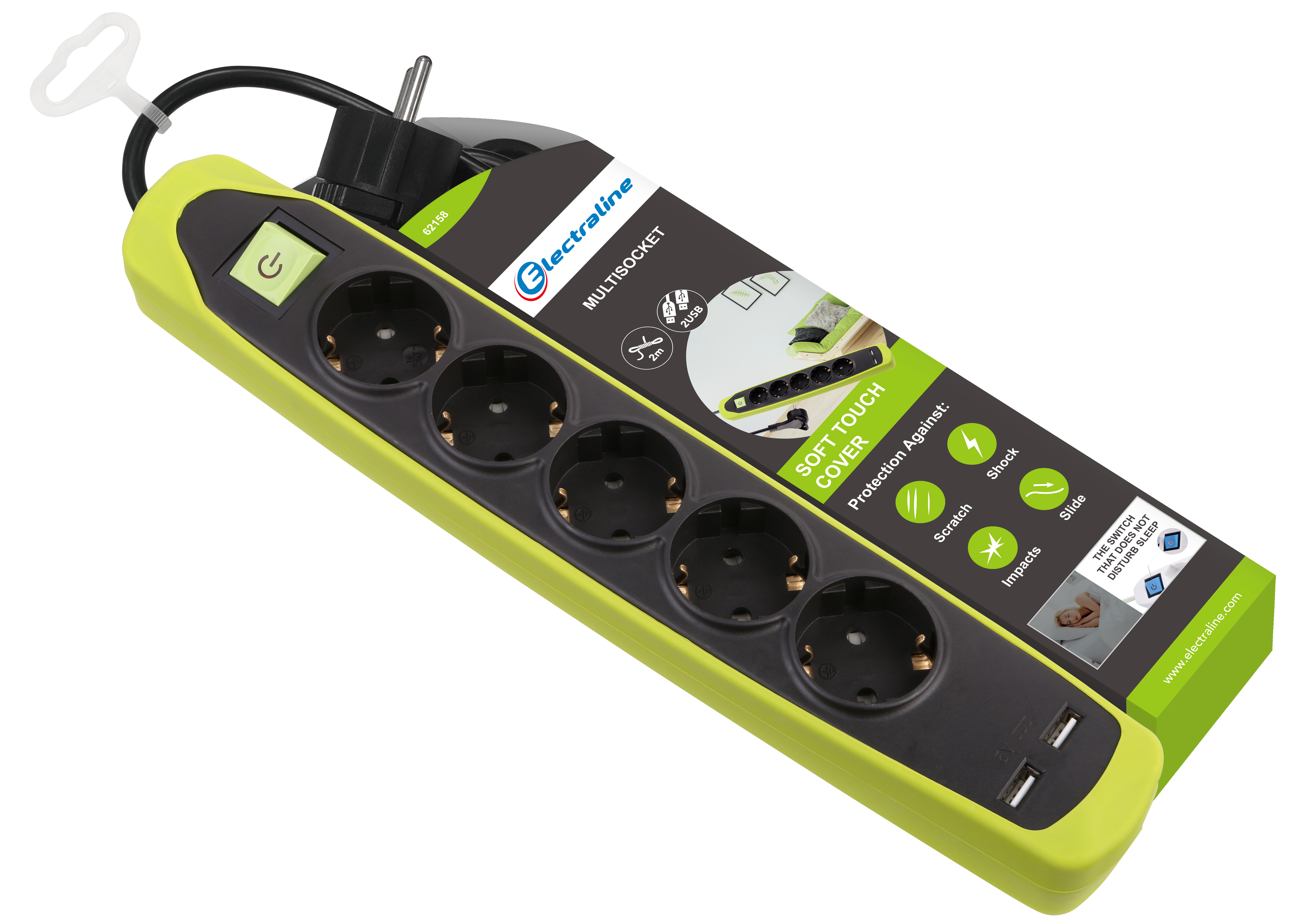 Изображение товара Бытовой удлинитель Electraline 5 розеток 2 м USB заземление черный