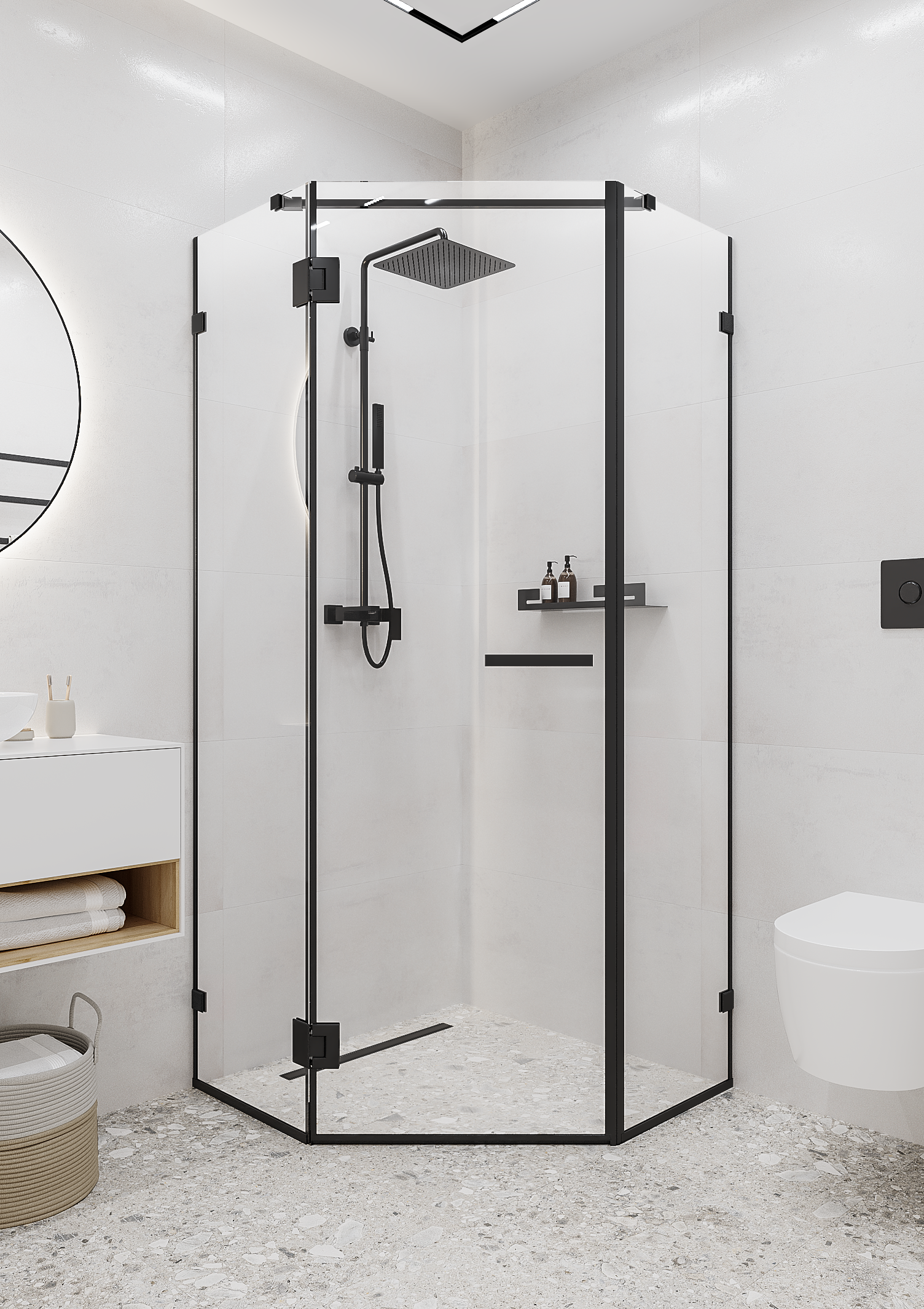 Изображение товара Душевой уголок Март Астра пентагональный 88x88 см черный профиль прозрачное стекло