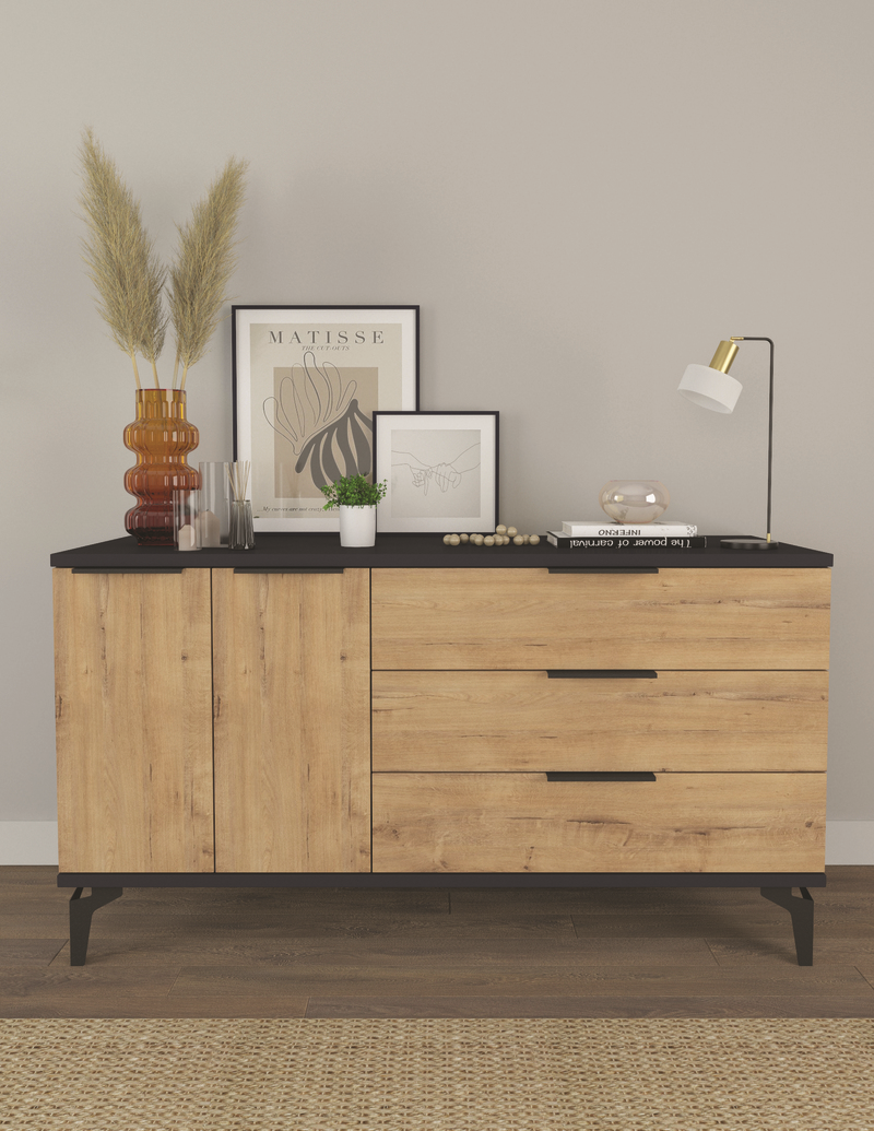 Изображение товара Комод Мебельнов Грейс 3 ящика 136x44x74 см ЛДСП цвет графит/дуб бунратти Изображение товара Комод Мебельнов Грейс 3 ящика 136x44x74 см ЛДСП цвет графит/дуб бунратти