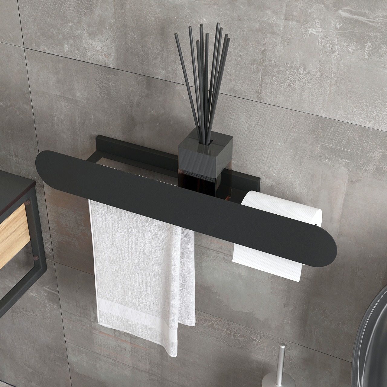 Изображение товара Держатель настенный VANNAMARKET для туалетной бумаги с полотенцедержателем, лофт цвет черный металл