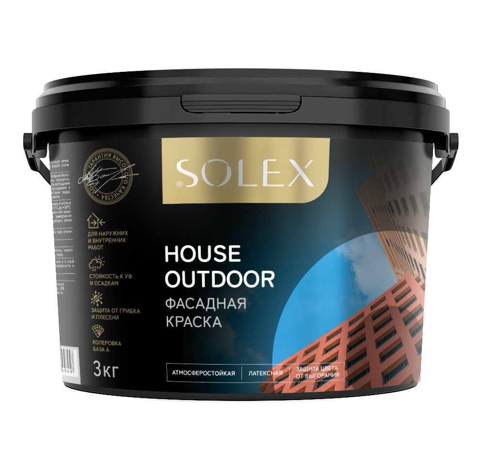 Изображение товара Фасадная краска Solex House Outdoor матовая белая 3 кг - надежная защита и яркий внешний вид Изображение товара Фасадная краска Solex House Outdoor матовая белая 3 кг - надежная защита и яркий внешний вид