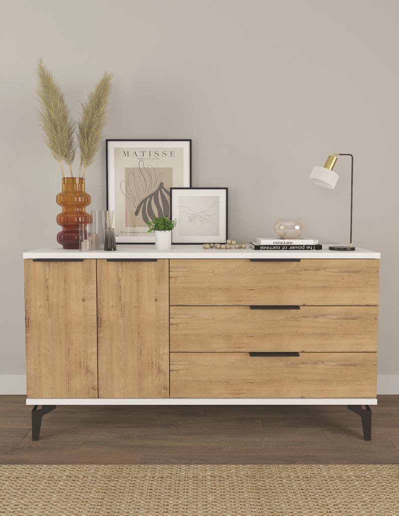 Изображение товара Комод Мебельнов Грейс 136x44x74 см белый/дуб бунратти 3 ящика и 2 двери