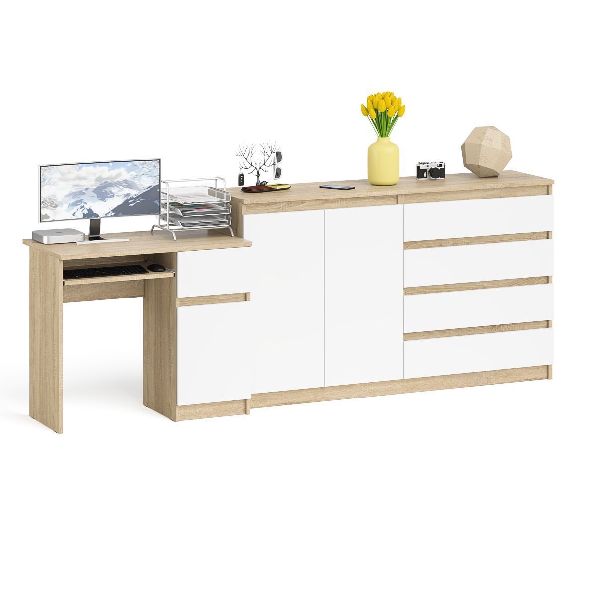 Изображение товара Офисный комплект мебели Мори комплект стол с полкой и комод Дуб сонома белый
