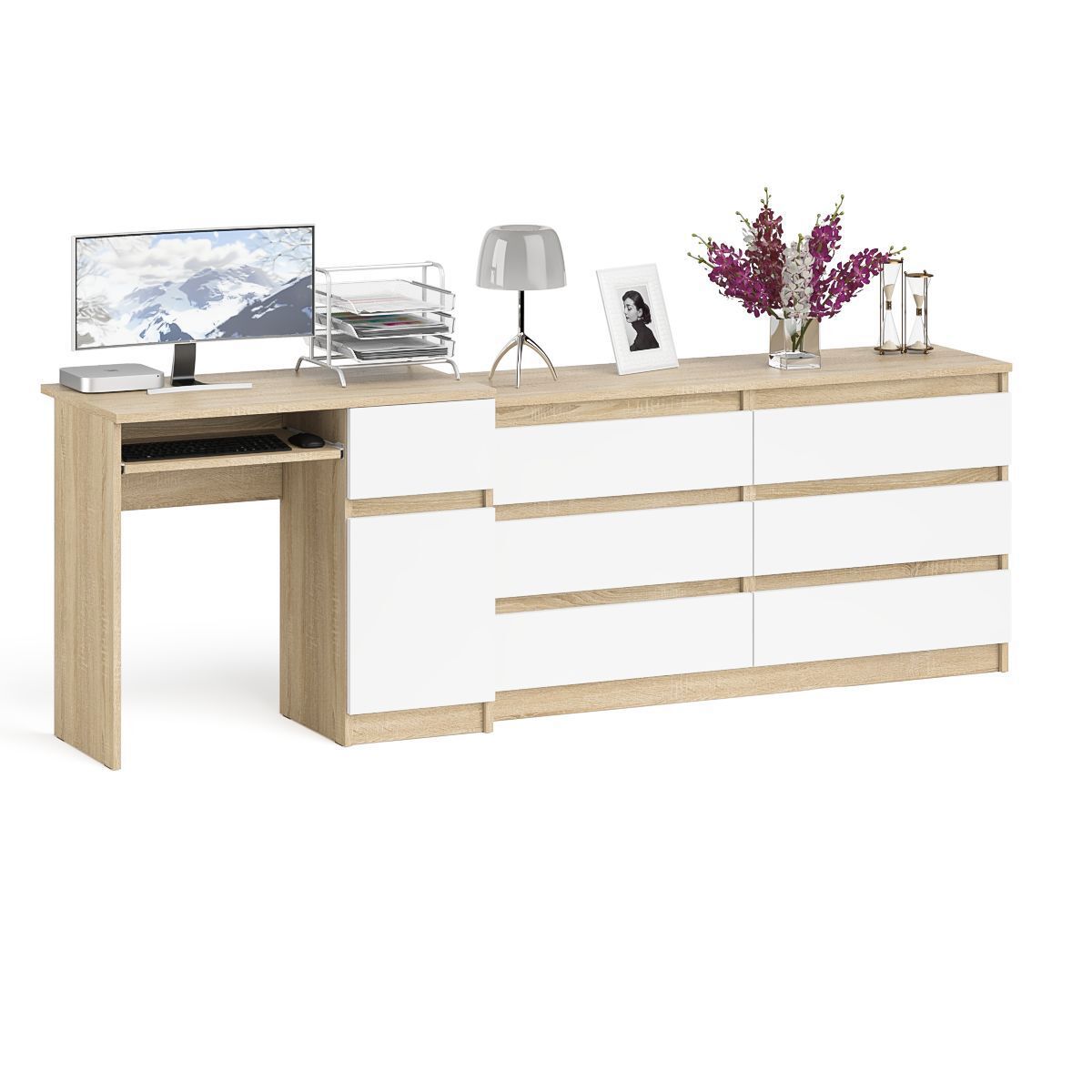 Изображение товара Офисный комплект мебели Свк МС-1П+МК1380.6-СБ стол и комод из ЛДСП цвета дуб сонома и белый
