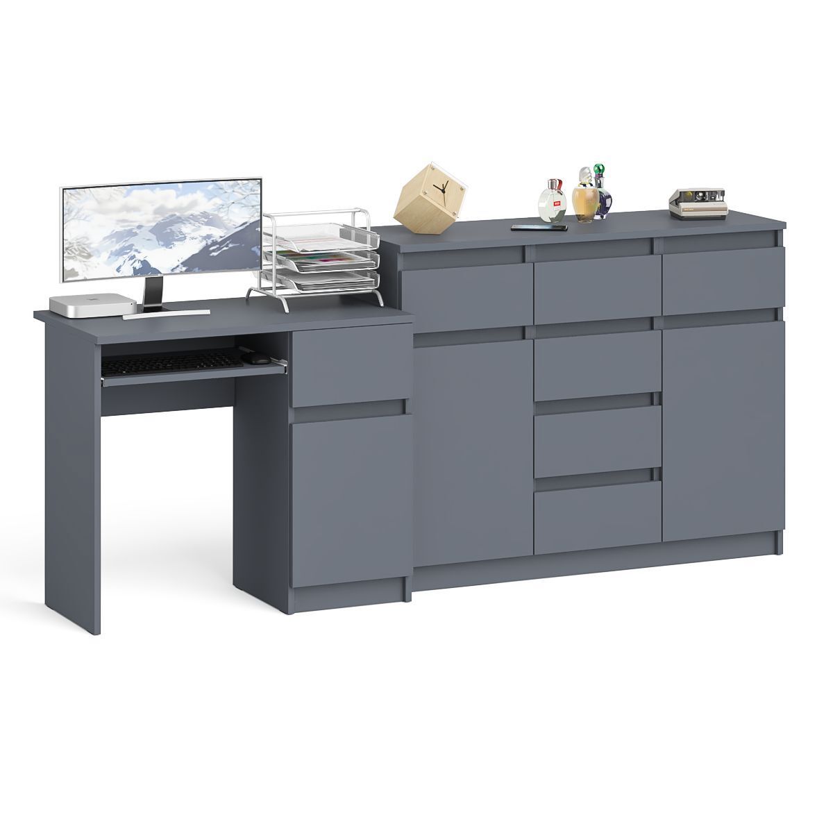 Изображение товара Офисный стол с полкой и комодом Мори МК1200.4-ГФ 210x94x50 см графит, Россия