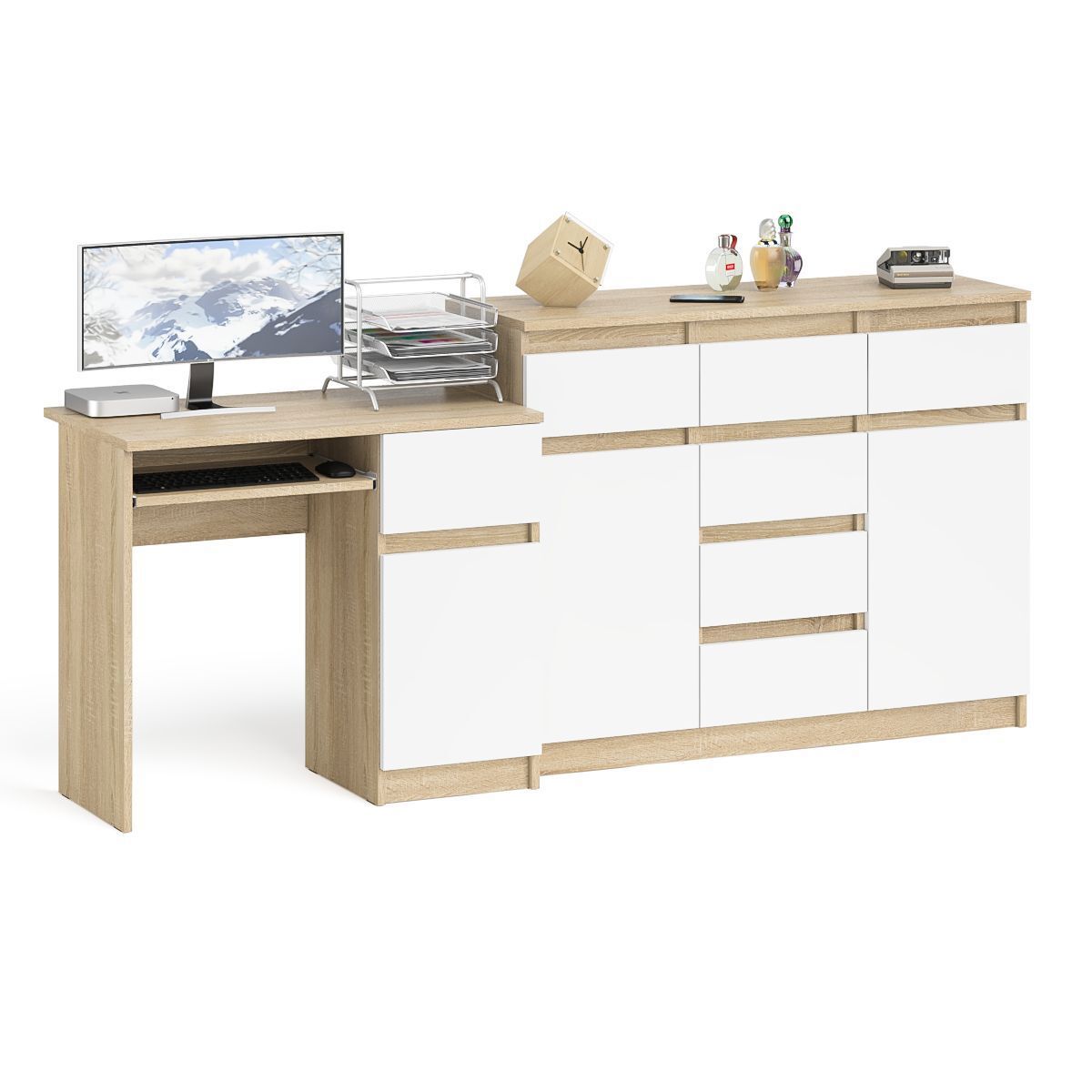 Изображение товара Офисный стол с полкой и комодом Мори МС-1П+МК1200.4-СБ 210x94x50 см белый дуб сонома