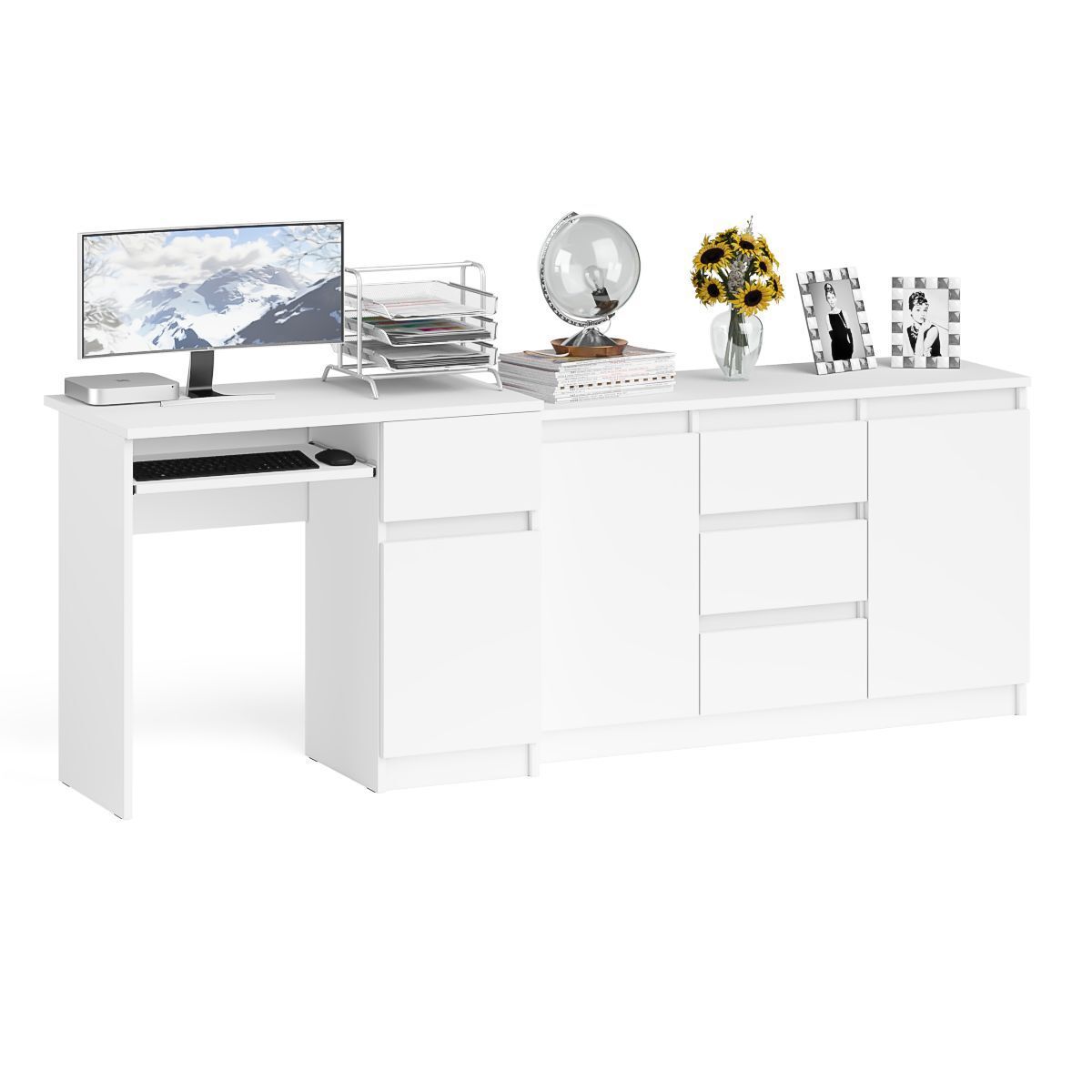 Изображение товара Офисный стол с полкой и комодом Свк МС-1П+МК1200.3-БЛ 210x77x50 см белый