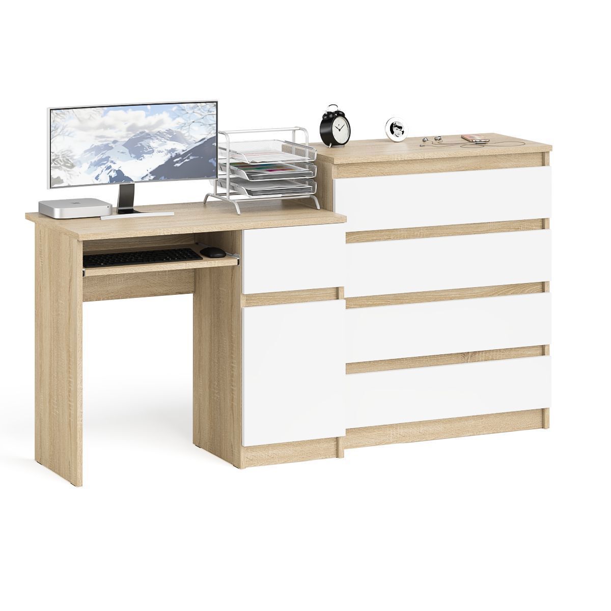Изображение товара Комплект офисной мебели Мори МС-1 правый с комодом 4 ящика белый дуб сонома ЛДСП