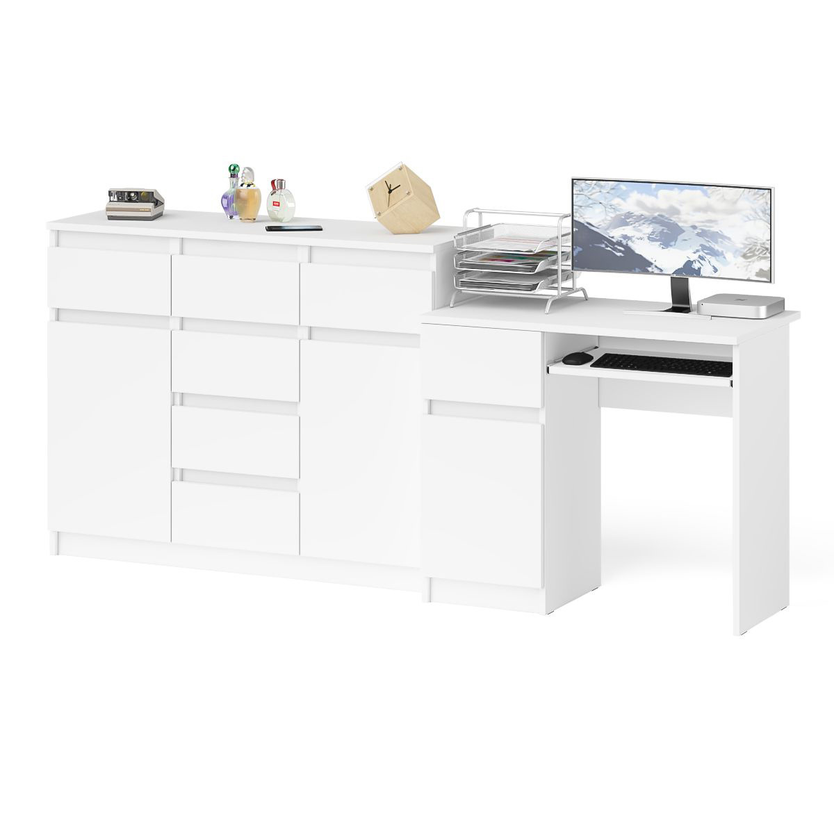 Изображение товара Офисный стол с полкой Свк МС-1Л+МК1200.4-БЛ белый минимализм функциональность