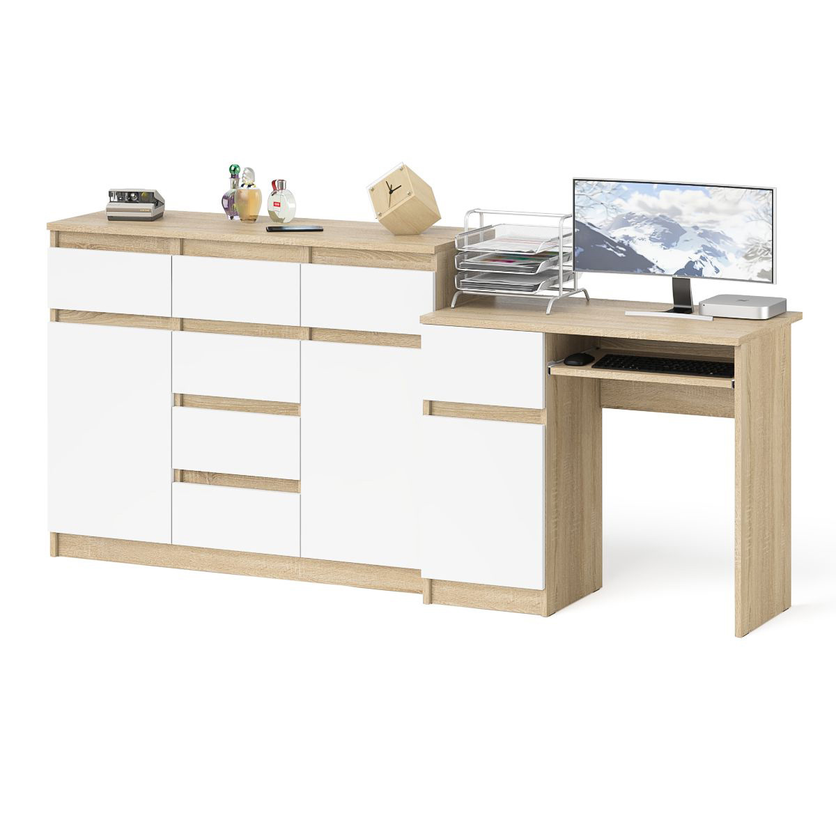Изображение товара Офисный стол с полкой Свк МС-1Л+МК1200.4-СБ 210x94x50 см ЛДСП цвет дуб сонома, белый
