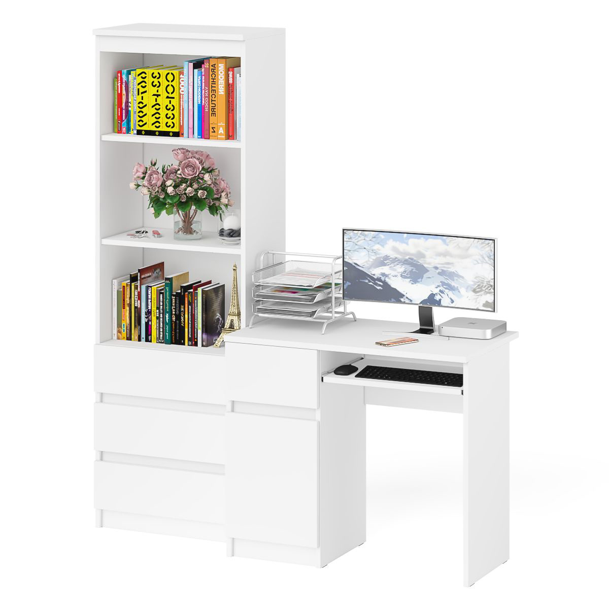 Изображение товара Офисный стол с полкой Свк МС-1Л+МСТ600.3-БЛ 150x180x50 см белый