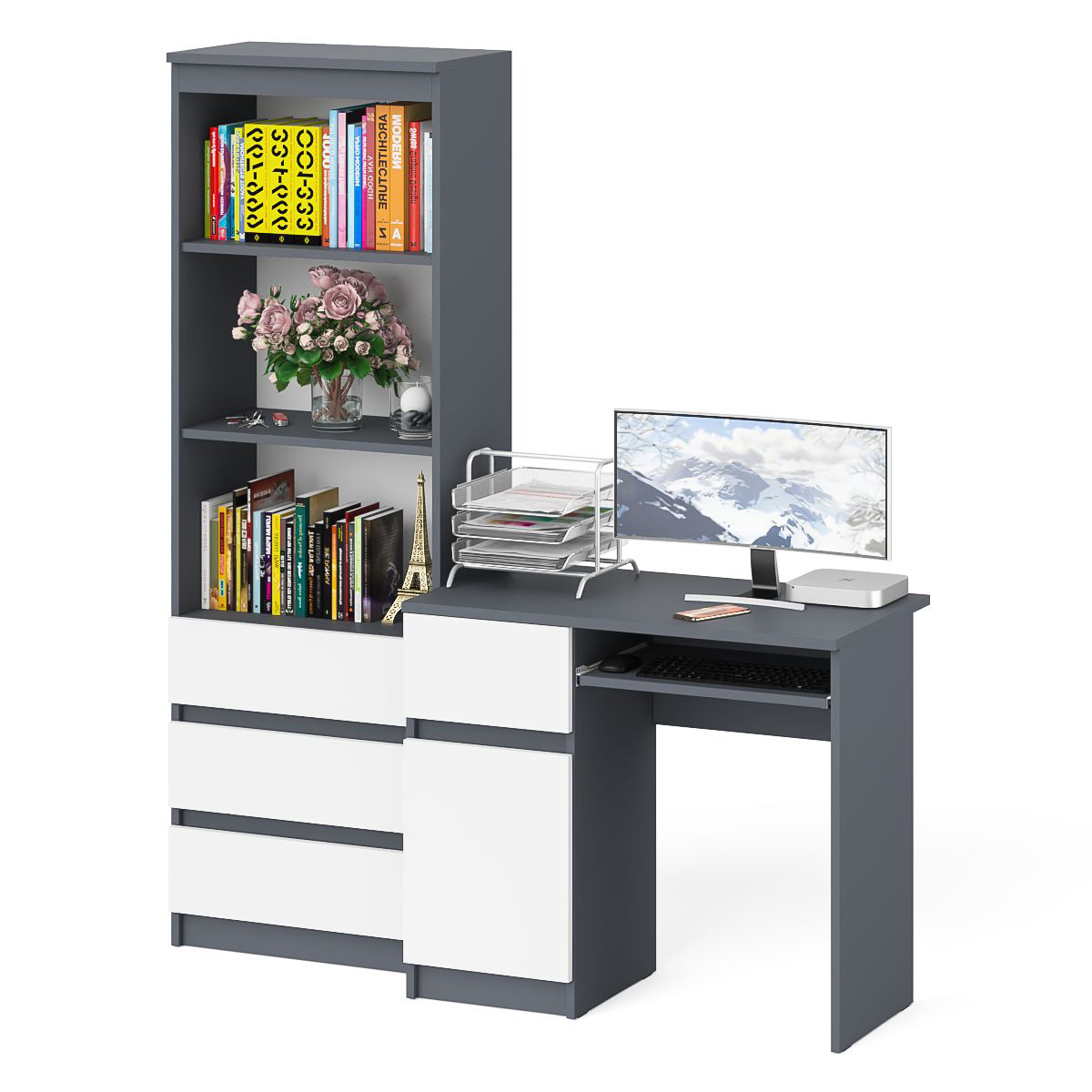 Изображение товара Офисный стол с полкой Свк МС-1Л+МСТ600.3-ГБ 150x180 см ЛДСП графит белый