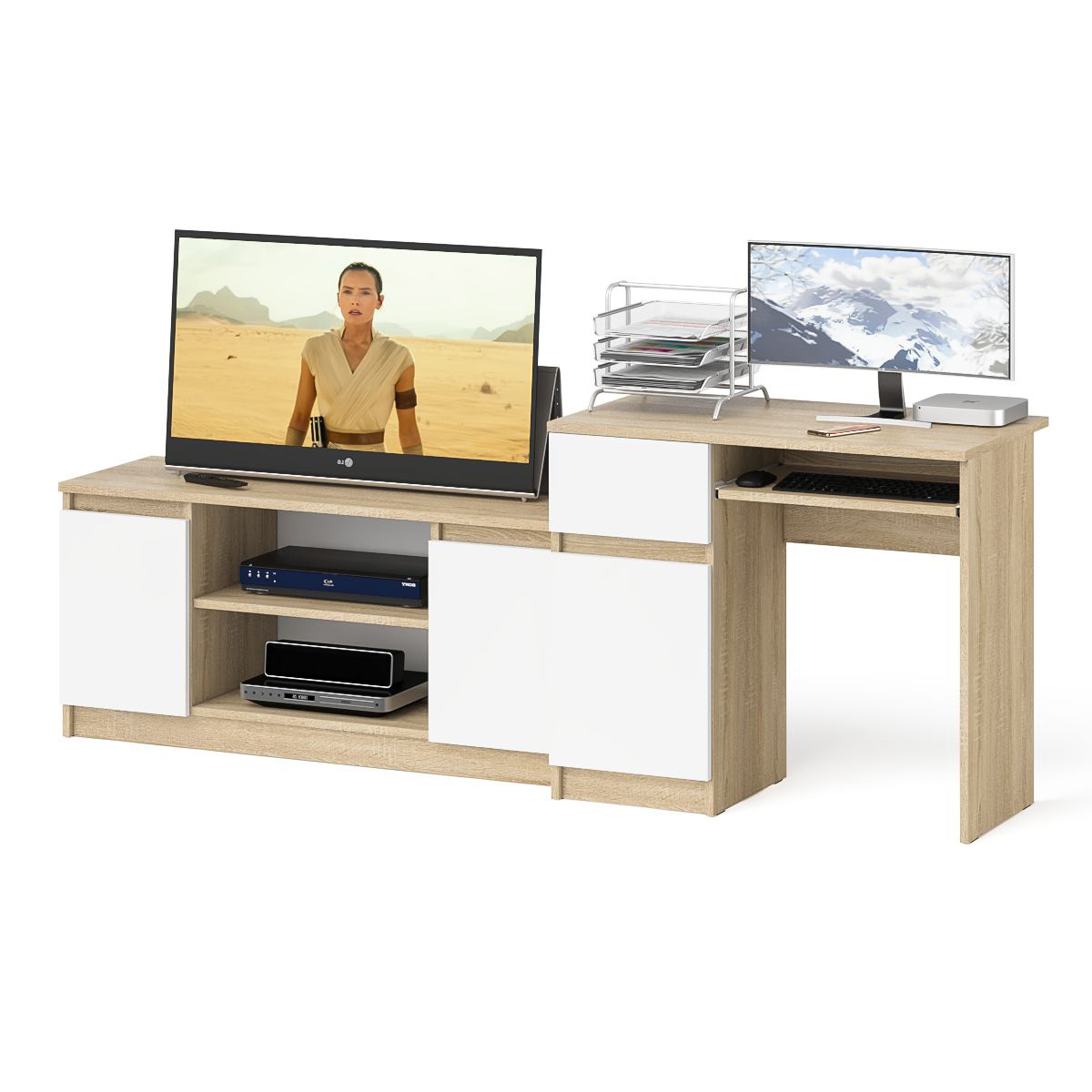 Изображение товара Комплект мебели стол и тумба Мори МС-1Л+МТВ1200.1-СБ белый дуб сонома офисный минимализм