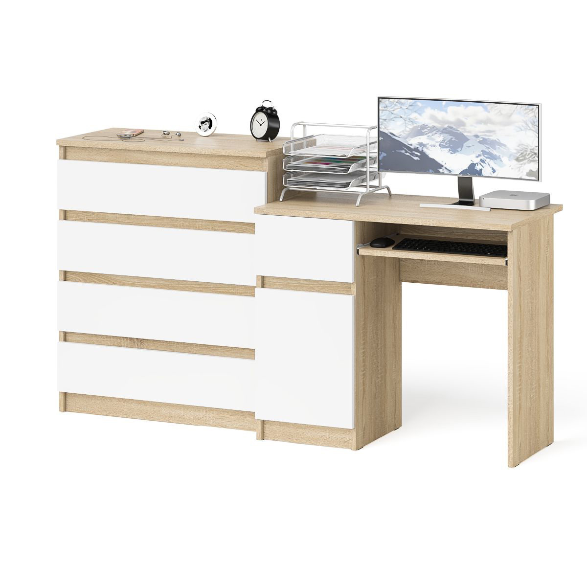 Изображение товара Офисный комплект стол с полкой и комод Мори МС-1Л+МК800.4-СБ белый дуб сонома