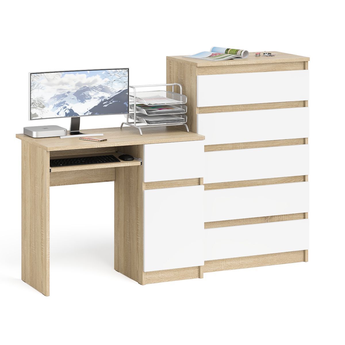 Изображение товара Комплект офисной мебели Стол Мори МС-1П и комод МК700.5 160x114 см белый дуб сонома