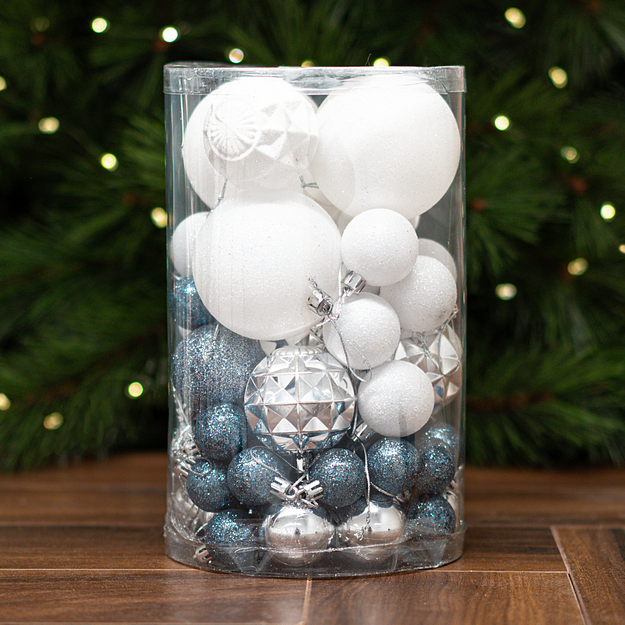 Изображение товара 20 шт. Новогодние синие шарики на елку диаметр 8 см с блестками