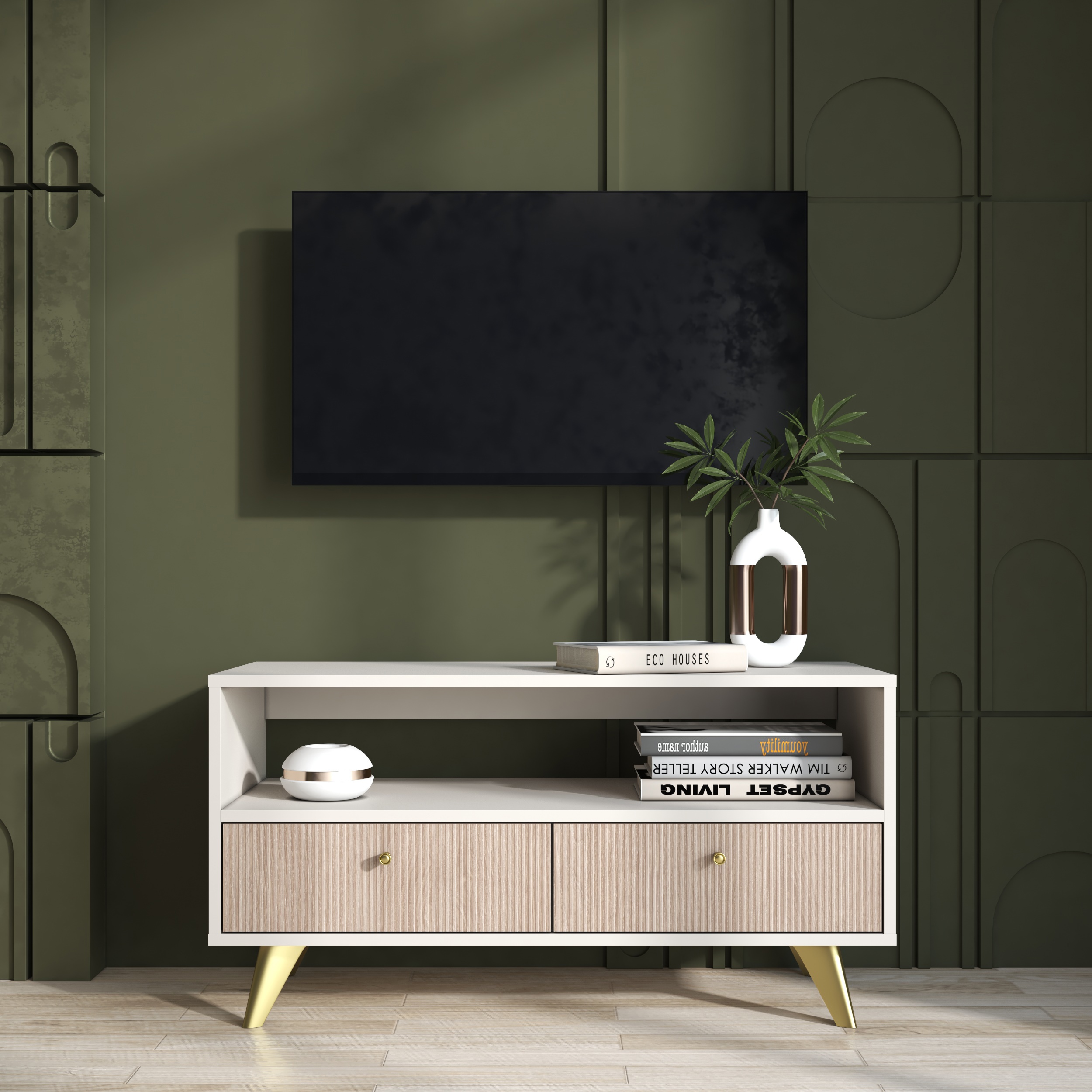 Изображение товара Тумба прикроватная Мк Стиль Аг3 на ножках с выкатными ящиками 130 94x49x40 см ЛДСП цвет кашемировый белый