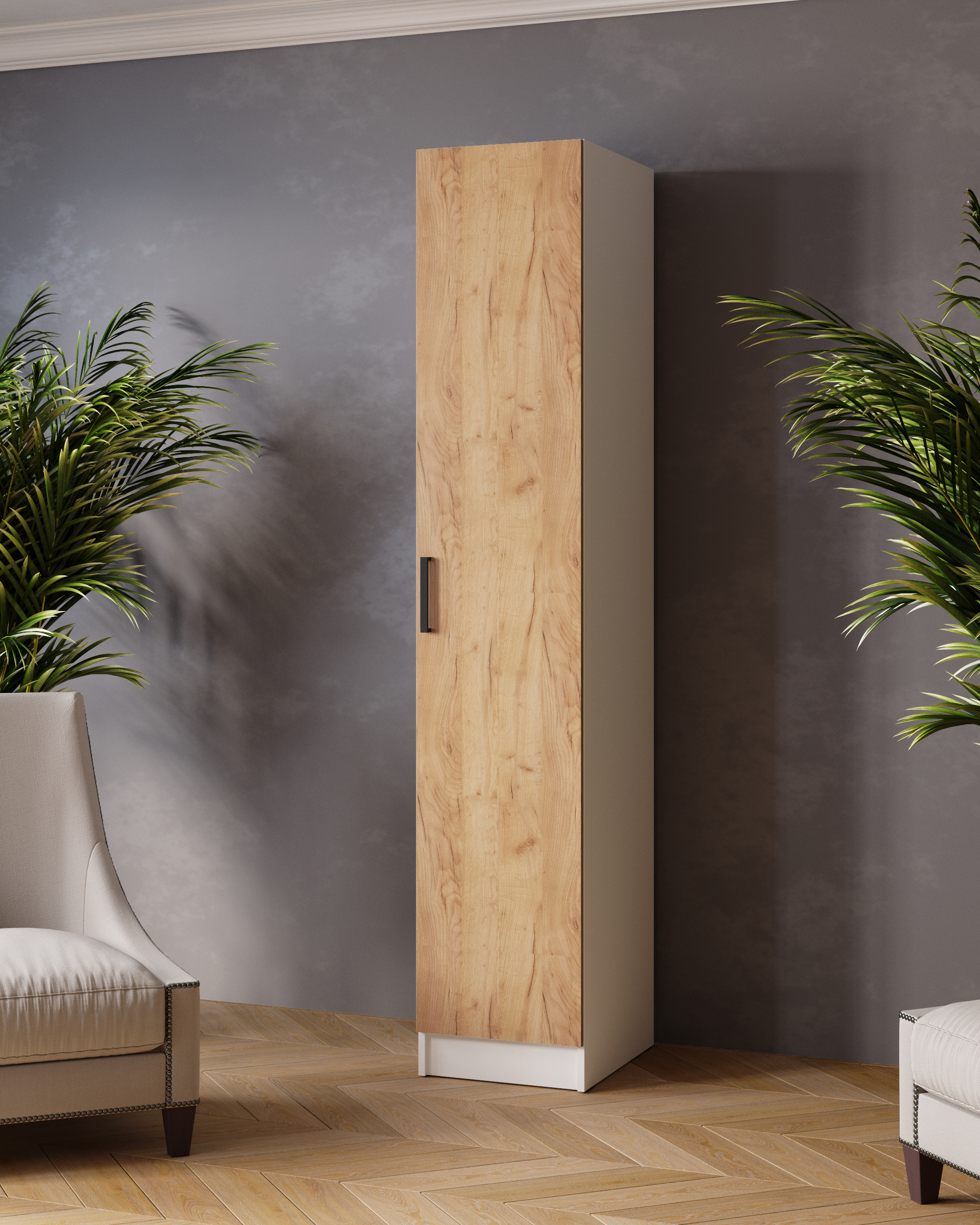 Изображение товара Современный распашной шкаф Микон 40x210x51 см из ЛДСП с 4 полками и штангой для прихожей и комнаты