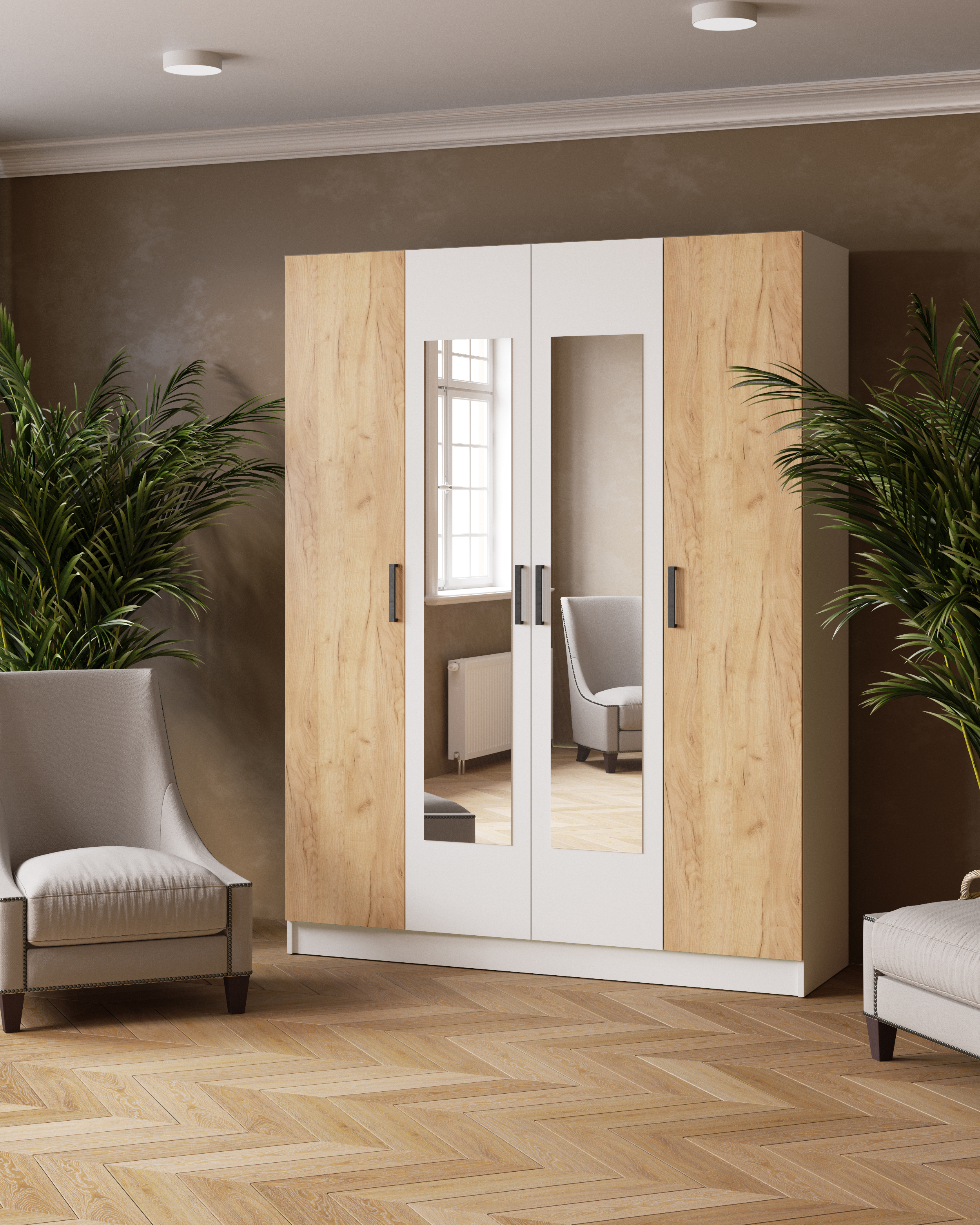 Изображение товара Шкаф распашной с зеркалом Микон 160x210x51 см ЛДСП цвет белый/коричневый