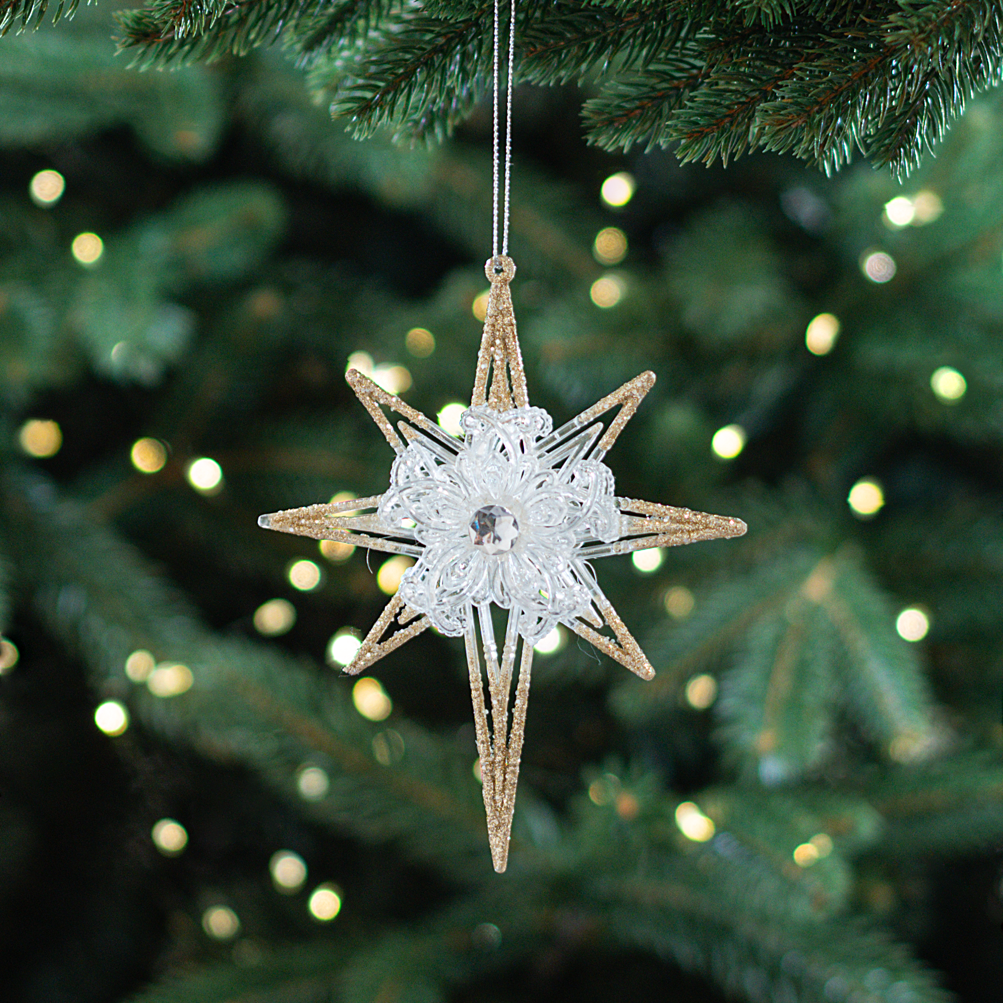 Изображение товара Елочная игрушка Звезда 15.5x12.5 см из акрила с блестками золотистая