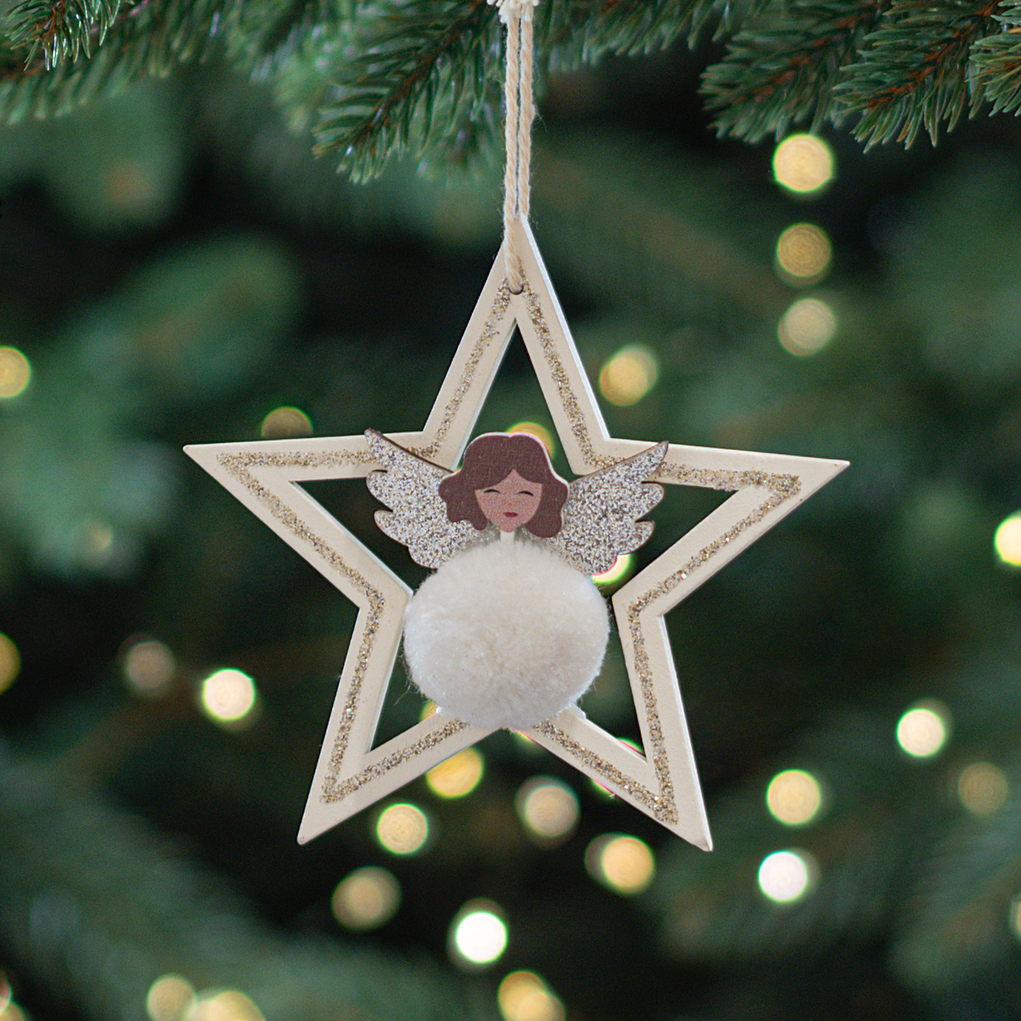 Изображение товара Елочная игрушка Звезда 10.5x10.5 см из фанеры бежевого цвета