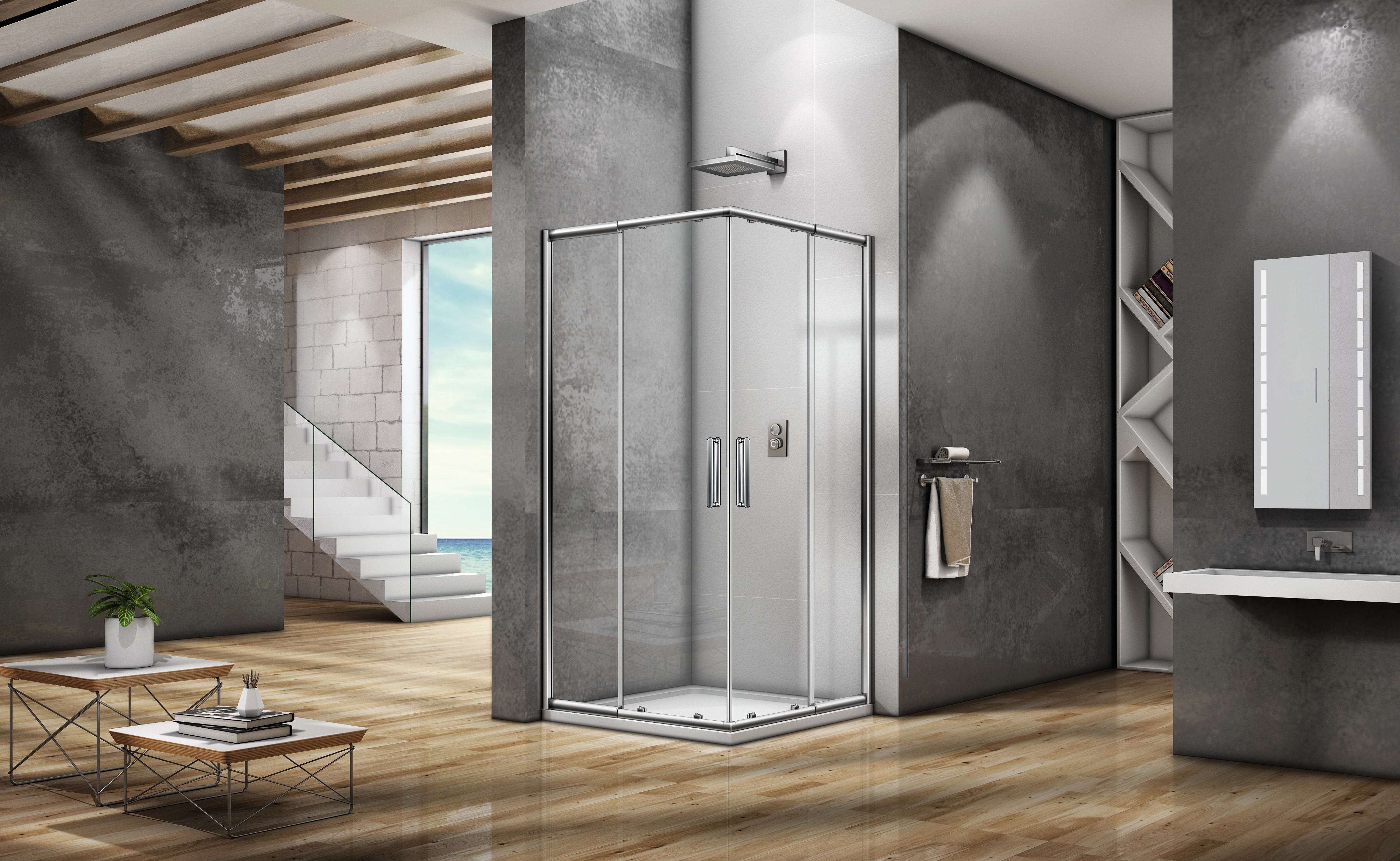 Изображение товара Душевой уголок Spirit квадратный 90x90 см хромированный профиль прозрачное стекло раздвижной