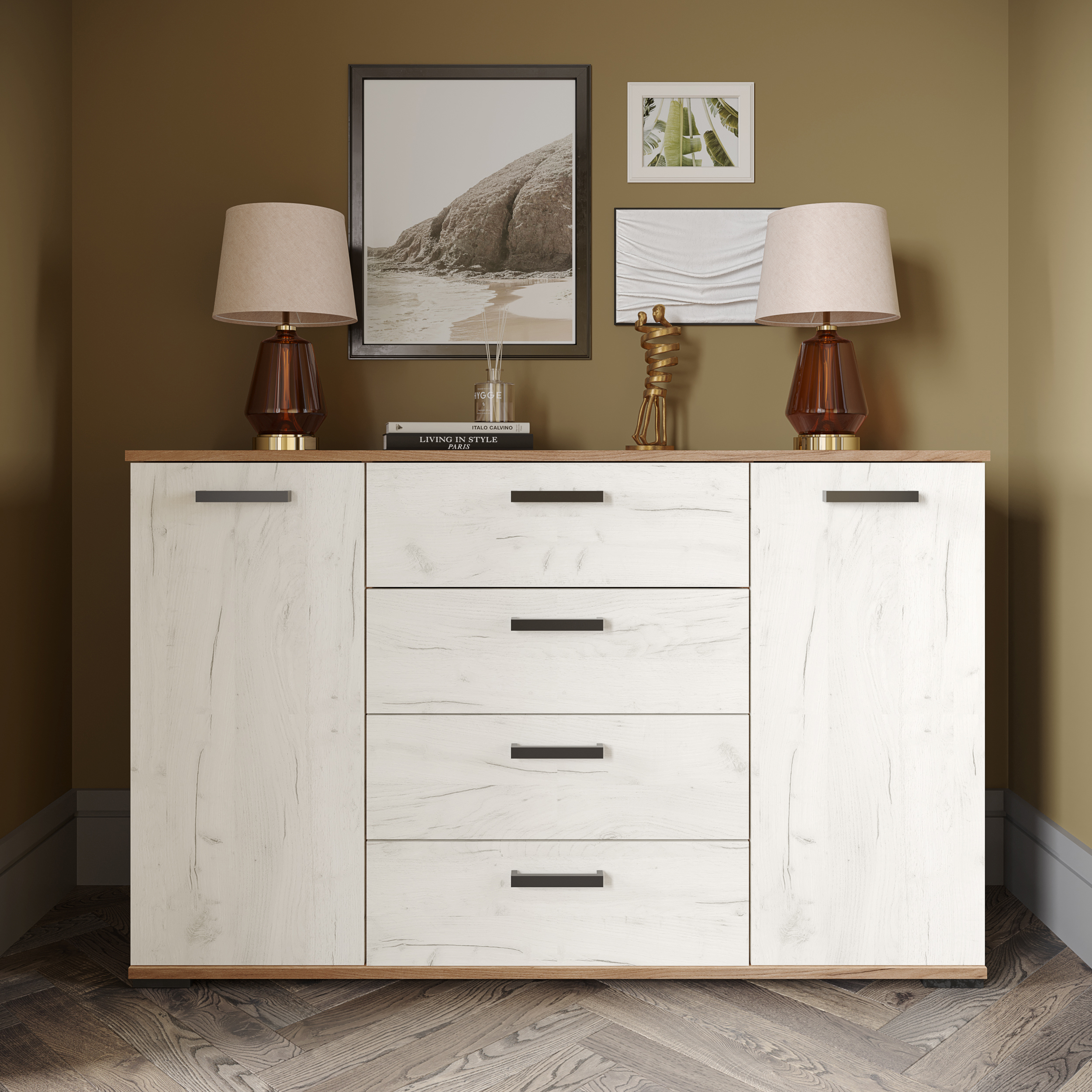 Изображение товара Комод Микон КМ-4 131x43.5x82 см 4 ящика ЛДСП цвет дуб крафт белый/дуб коричневый табак