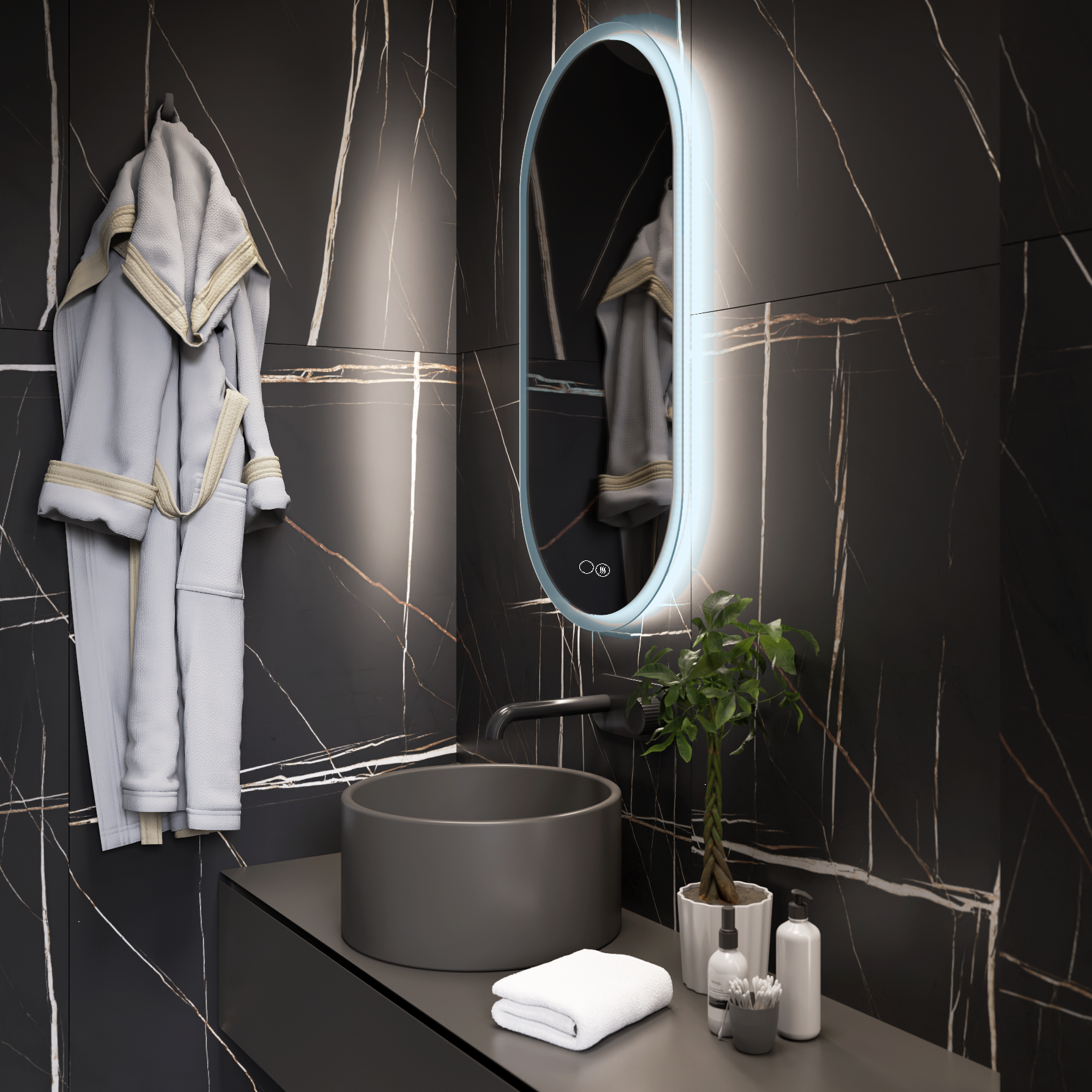 Изображение товара Зеркало для ванной Alfa mirrors Матовый кант с подсветкой 4200К 40x90см сенсорное подогрев NinaLite-49AVh