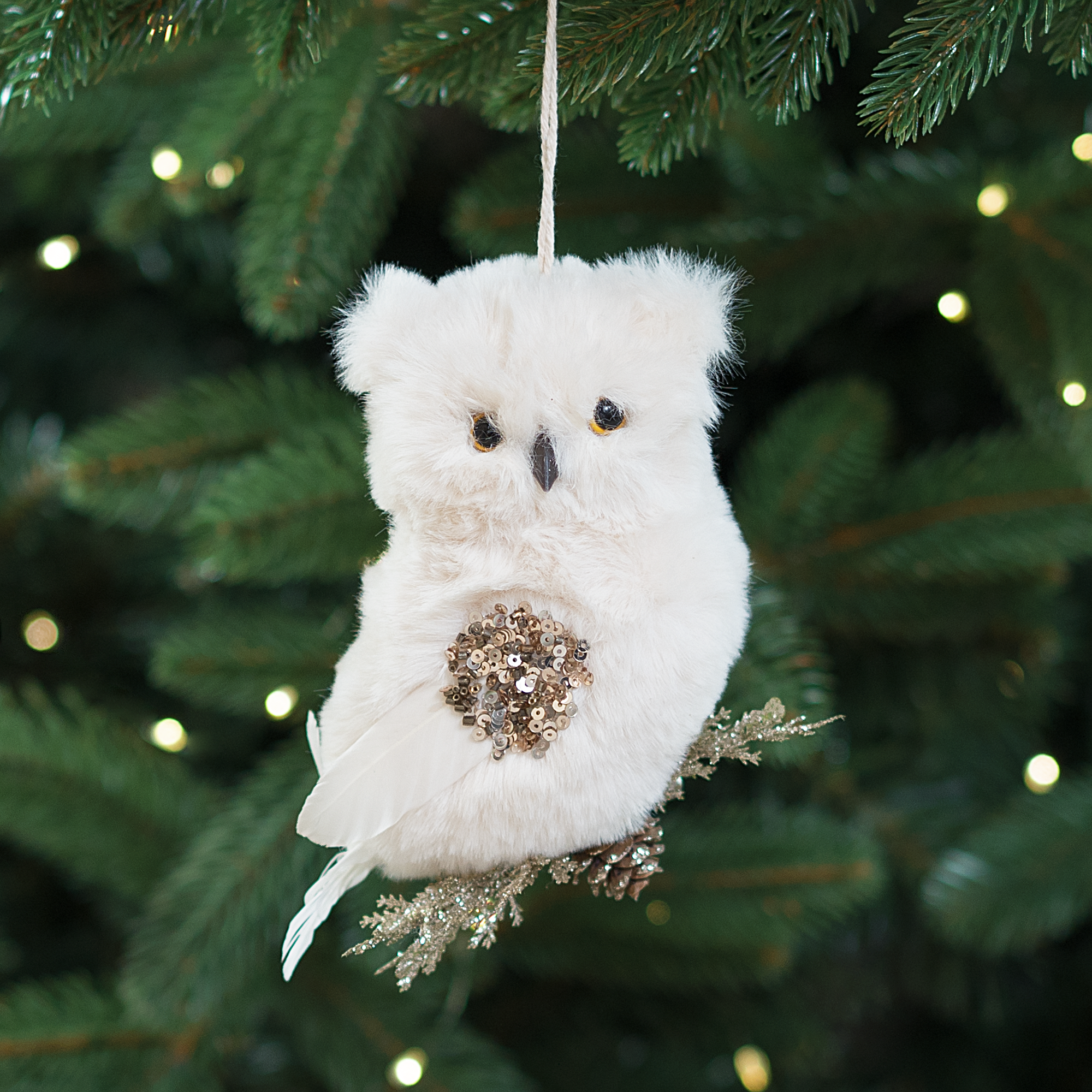 Изображение товара Елочная игрушка Сова 13x8 см из бежевого полиэстера для украшения елки