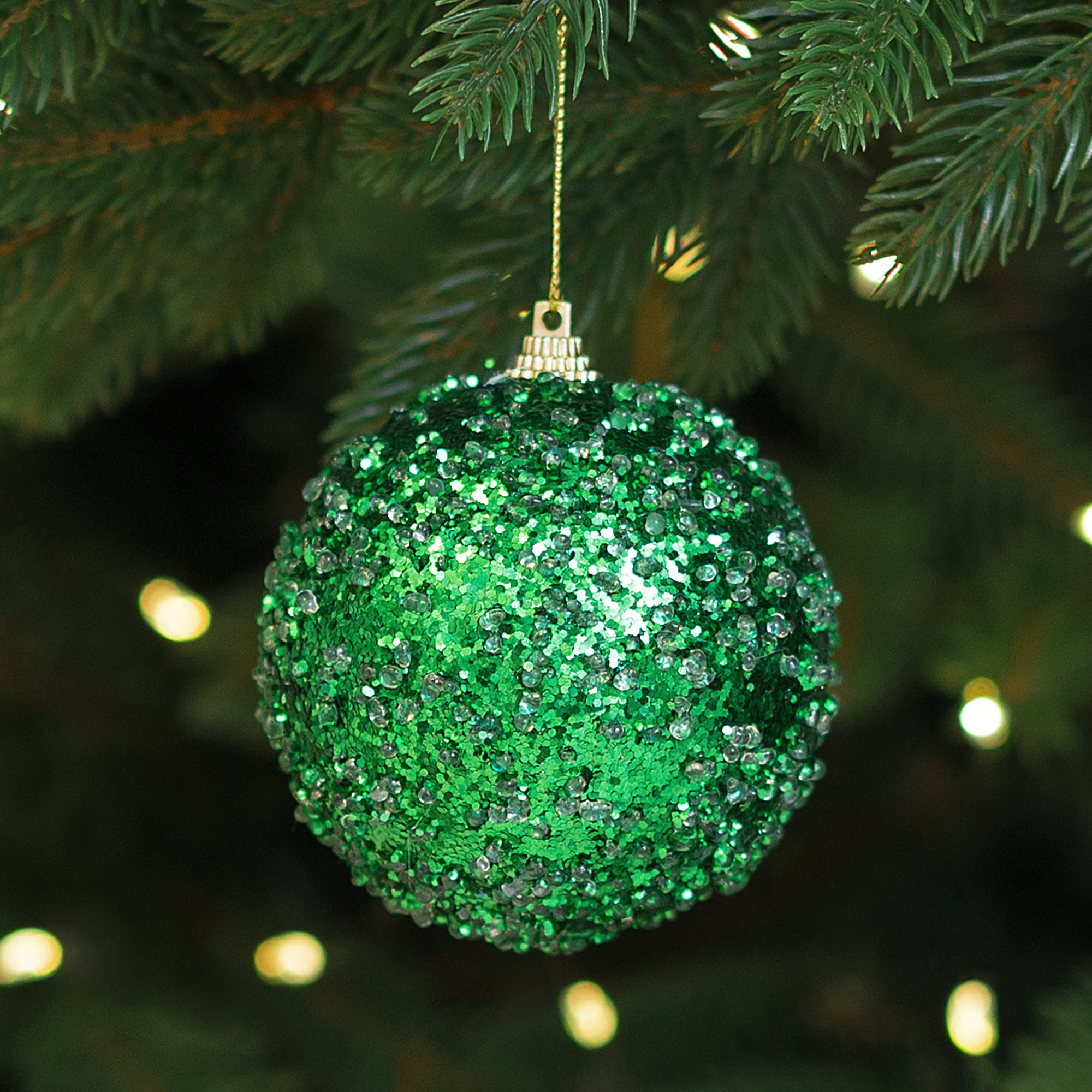 Изображение товара Елочный шар с зелеными блестками Christmas 8 см для новогоднего декора