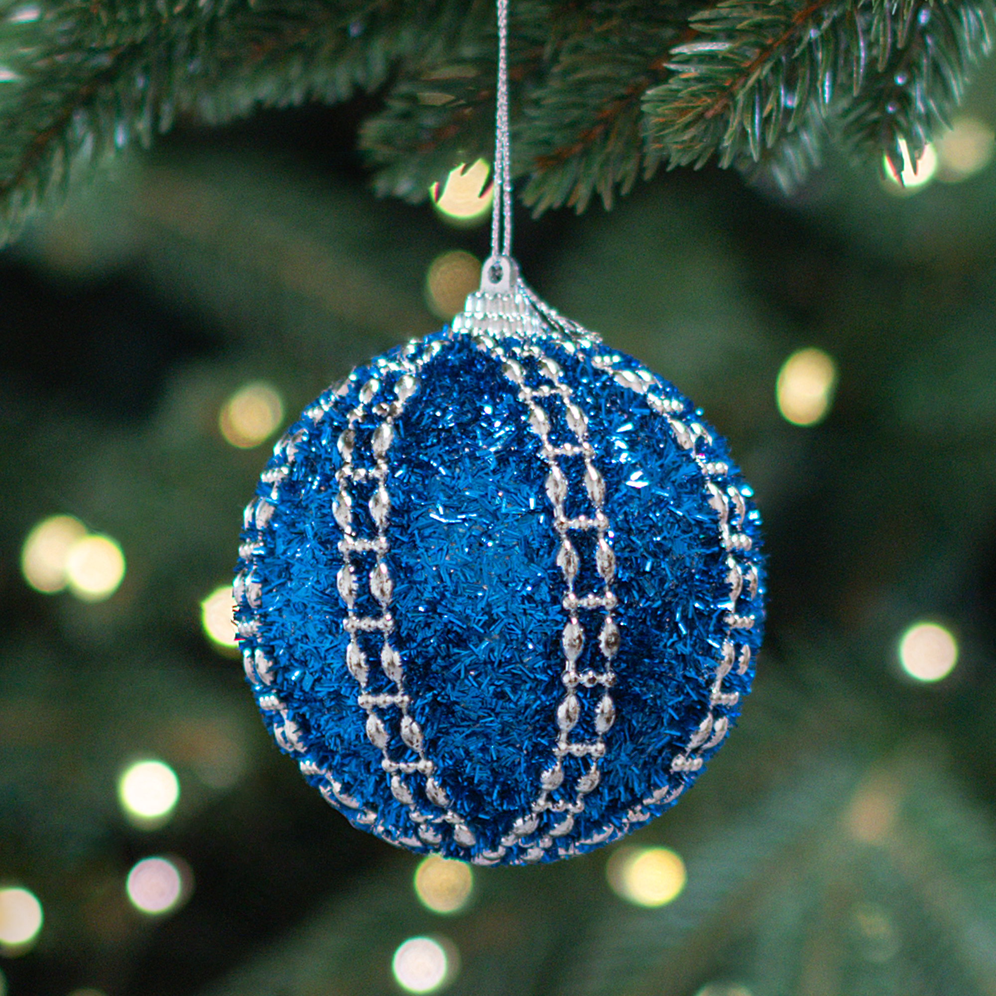 Изображение товара Ёлочный шар с бусами 8 см синий новогодний декор для елки
