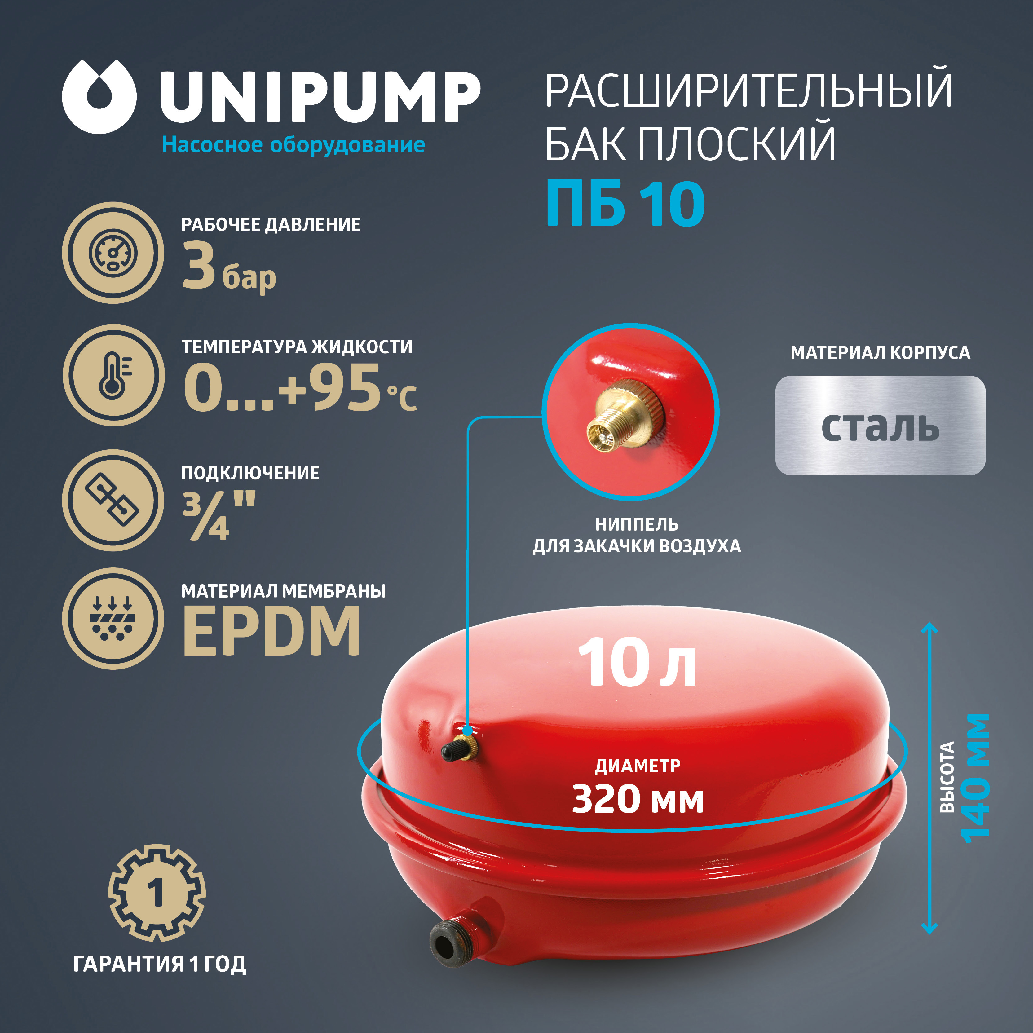 Изображение товара Расширительный бак для отопления 10 л Unipump 41226 3/4" плоский красный