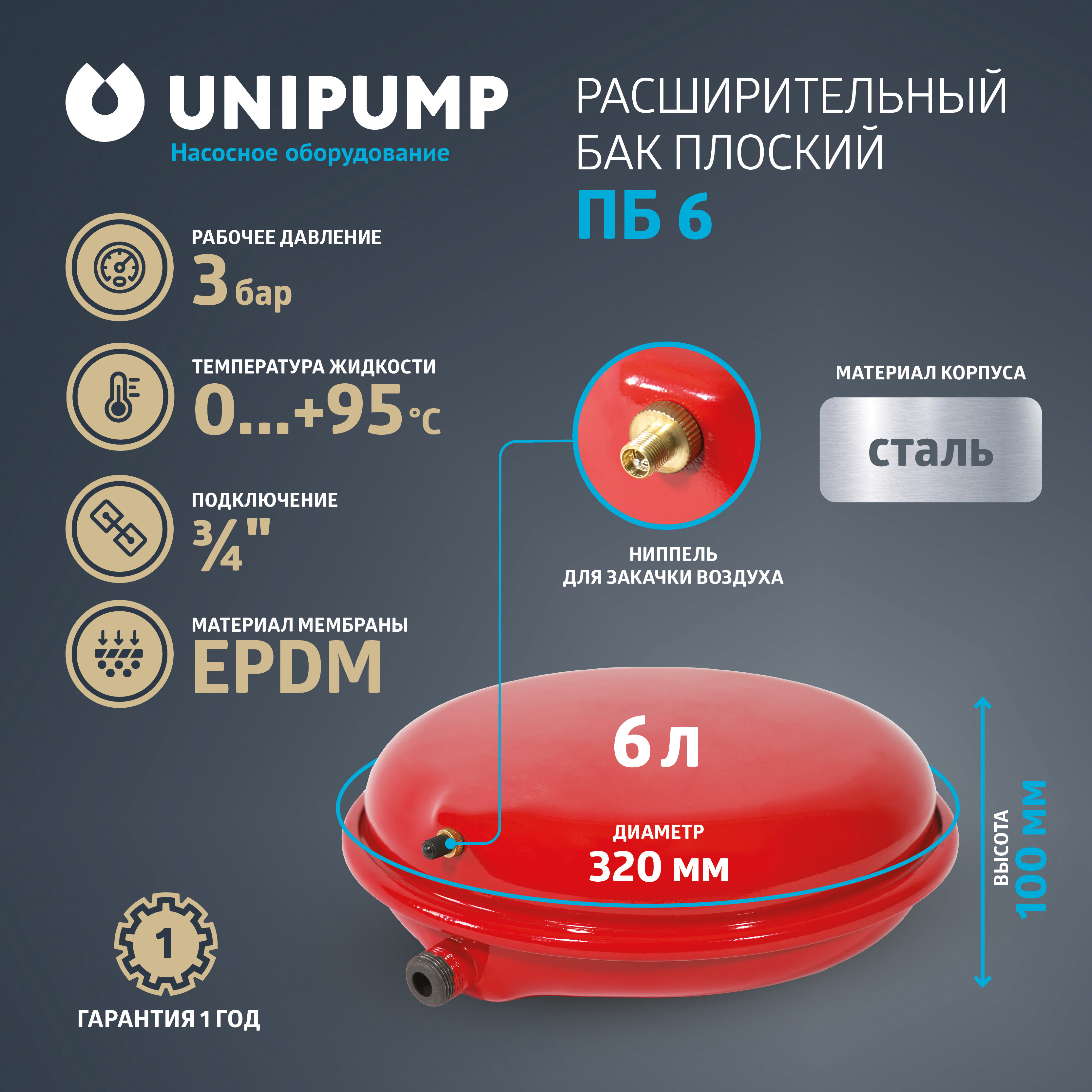 Изображение товара Расширительный бак для отопления 6 л Unipump 79114 3/4" плоский красный