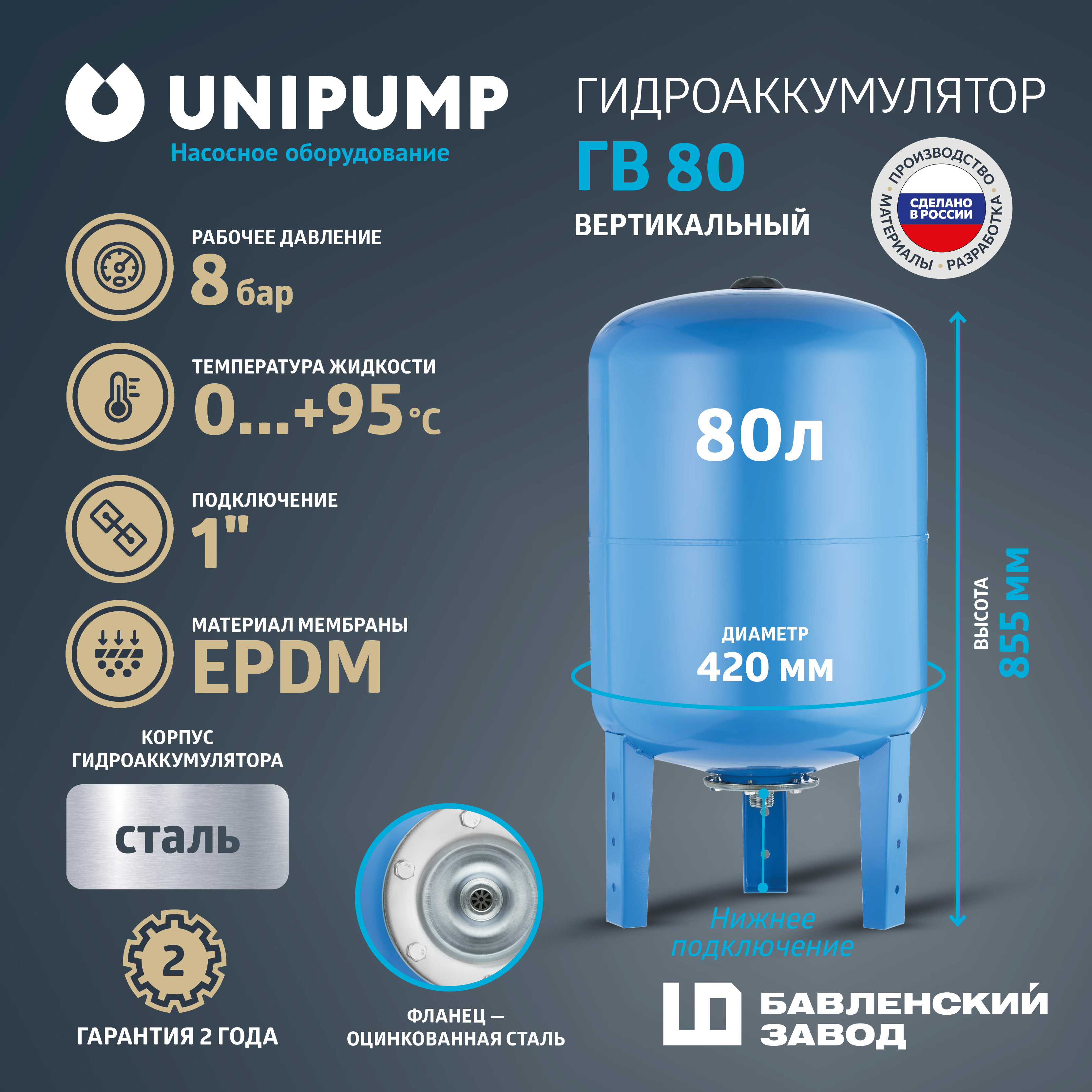 Изображение товара Гидроаккумулятор вертикальный 80 л UNIPUMP 21064 синий для водоснабжения