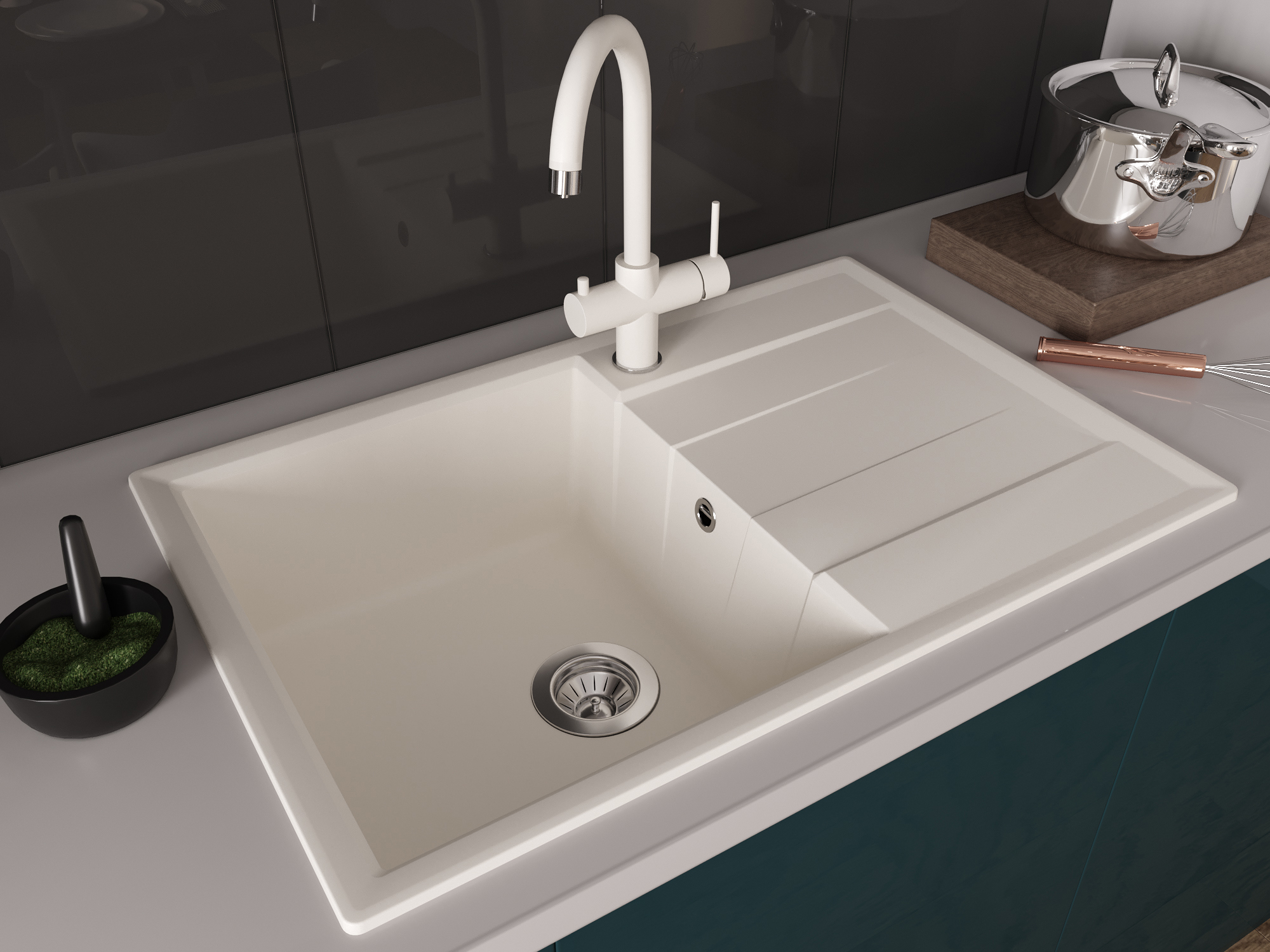 Изображение товара Мойка кухонная врезная из кварца с крылом DELINIA 78x51 см жасмин